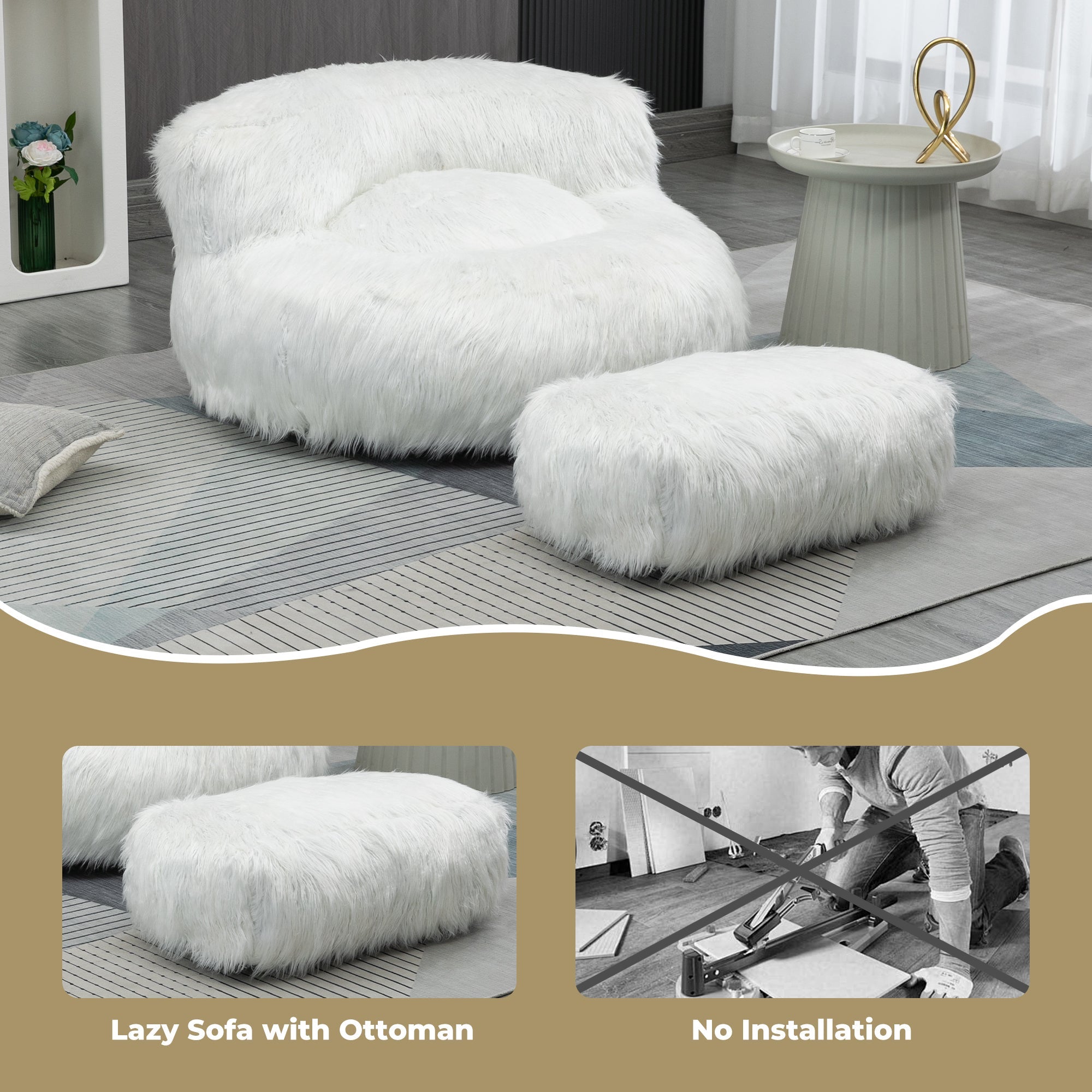 COOLMORE Bean Bag Chair with Ottoman - White-American Furniture Outlet