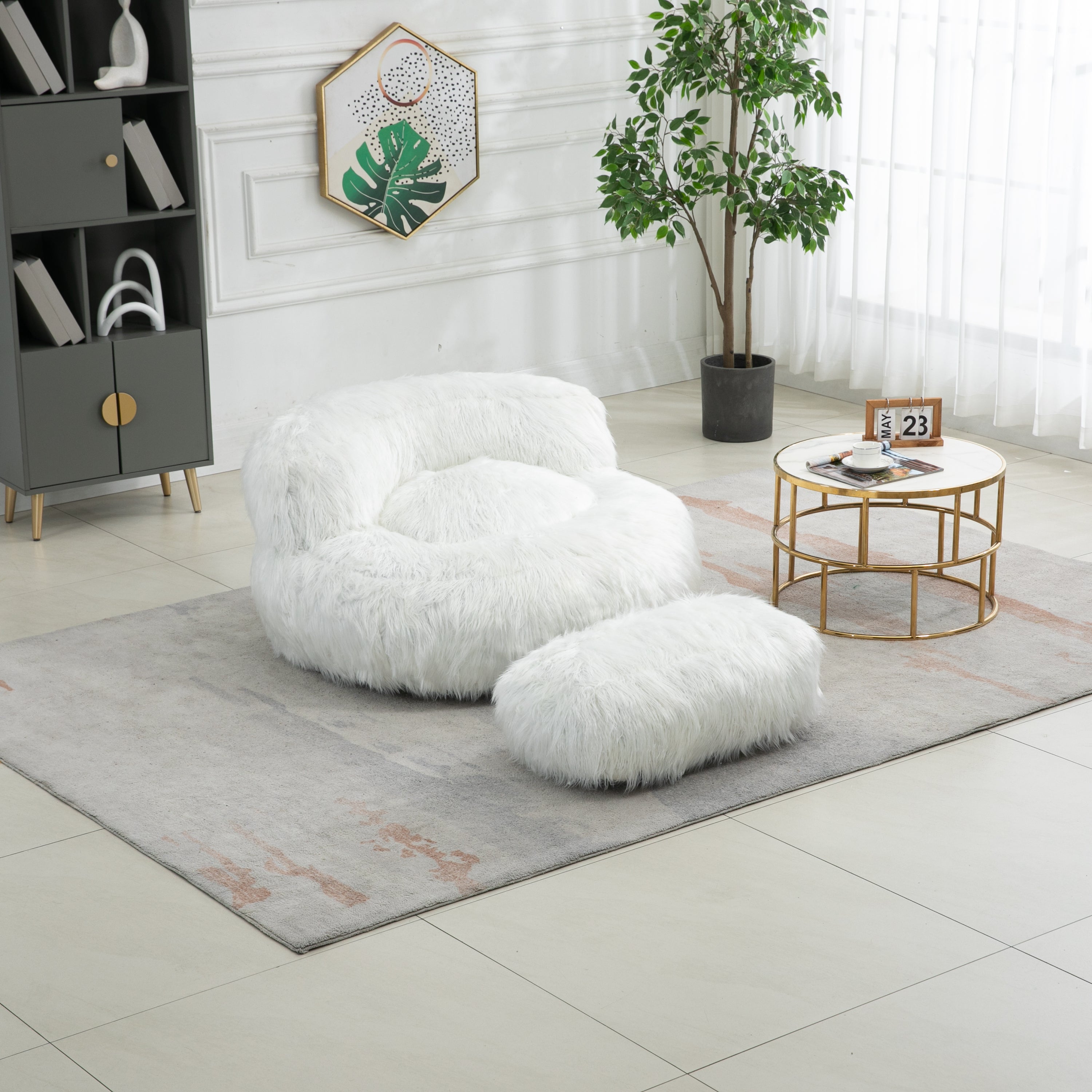 COOLMORE Bean Bag Chair with Ottoman - White-American Furniture Outlet