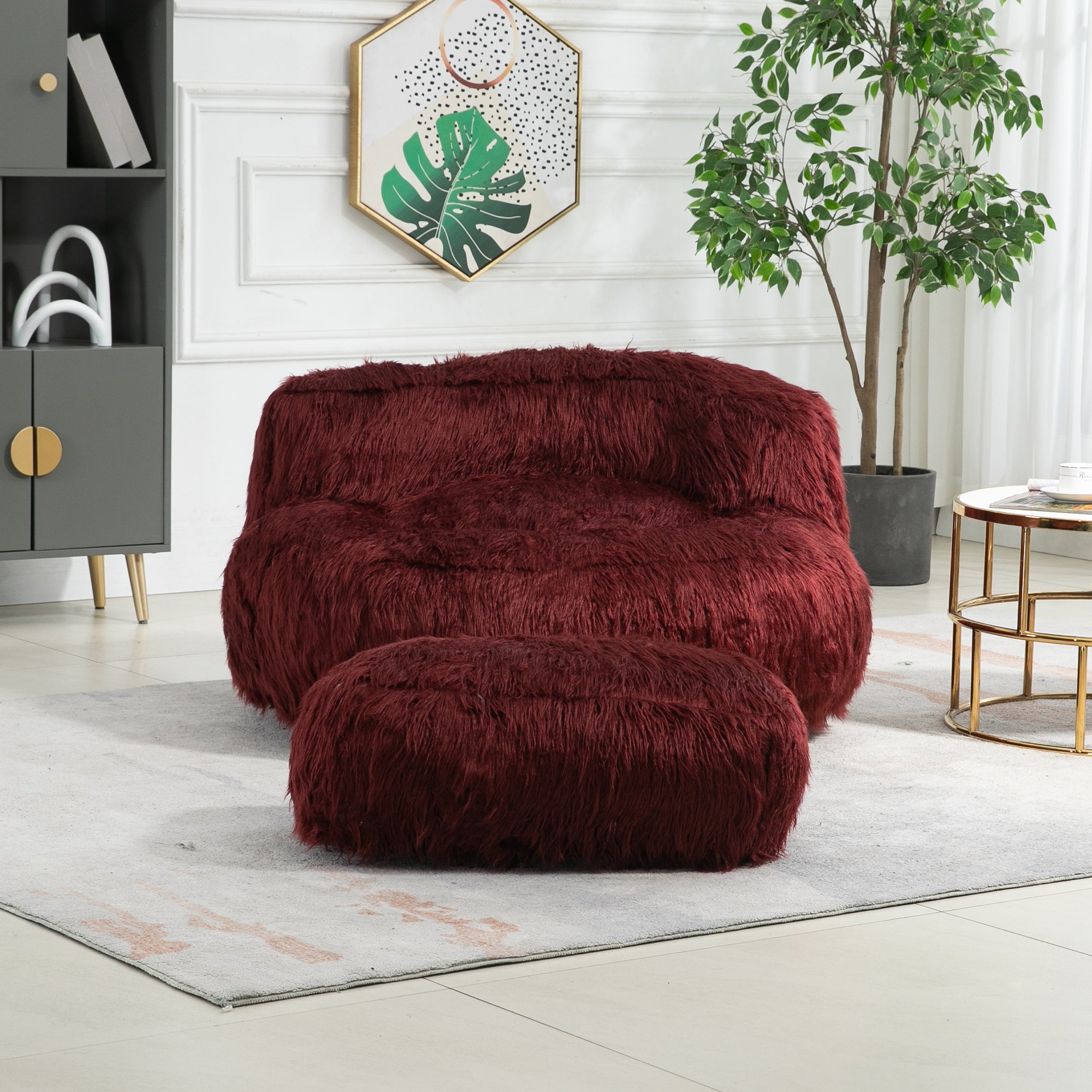 COOLMORE Bean Bag Chair with Ottoman - Wine Red-American Furniture Outlet