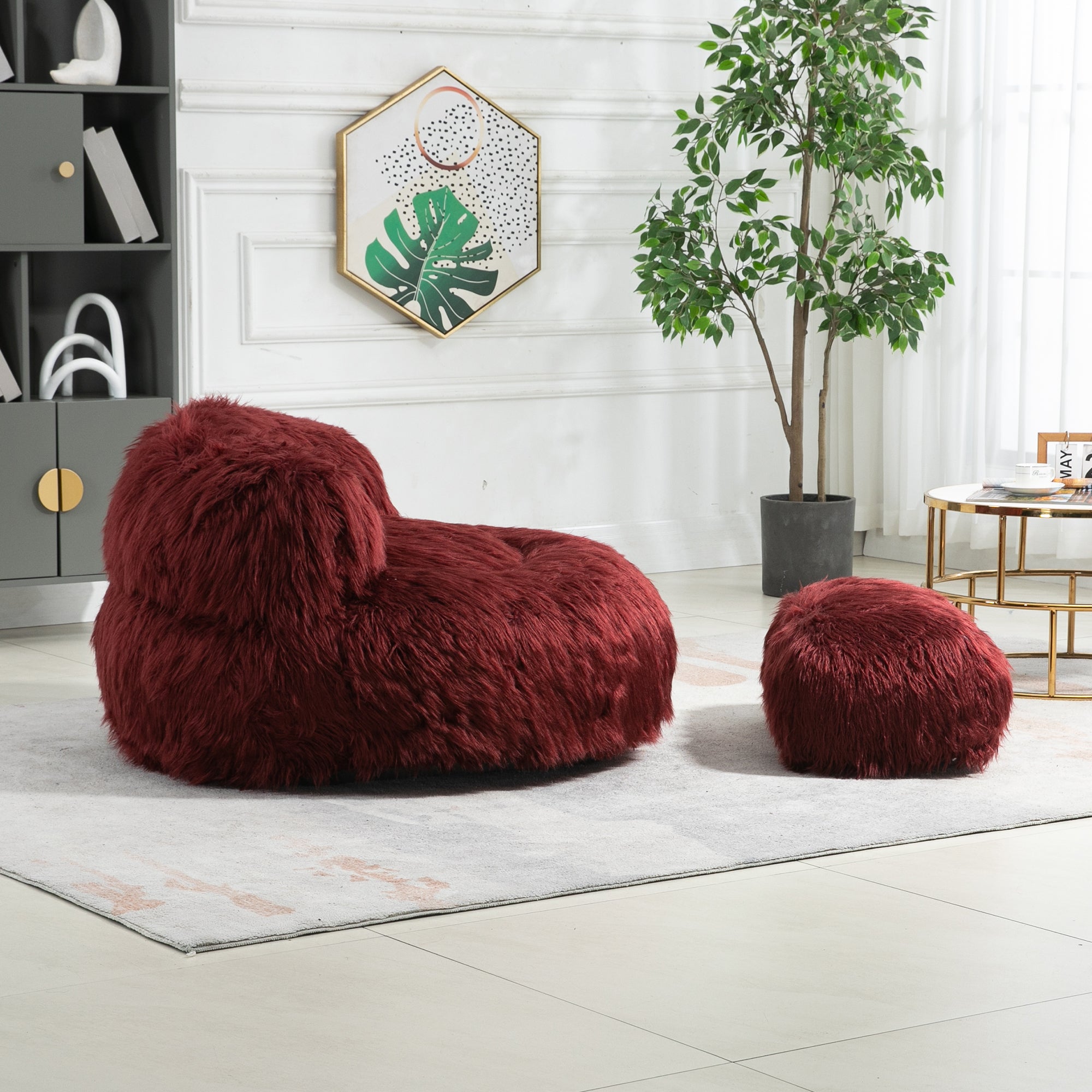 COOLMORE Bean Bag Chair with Ottoman - Wine Red-American Furniture Outlet