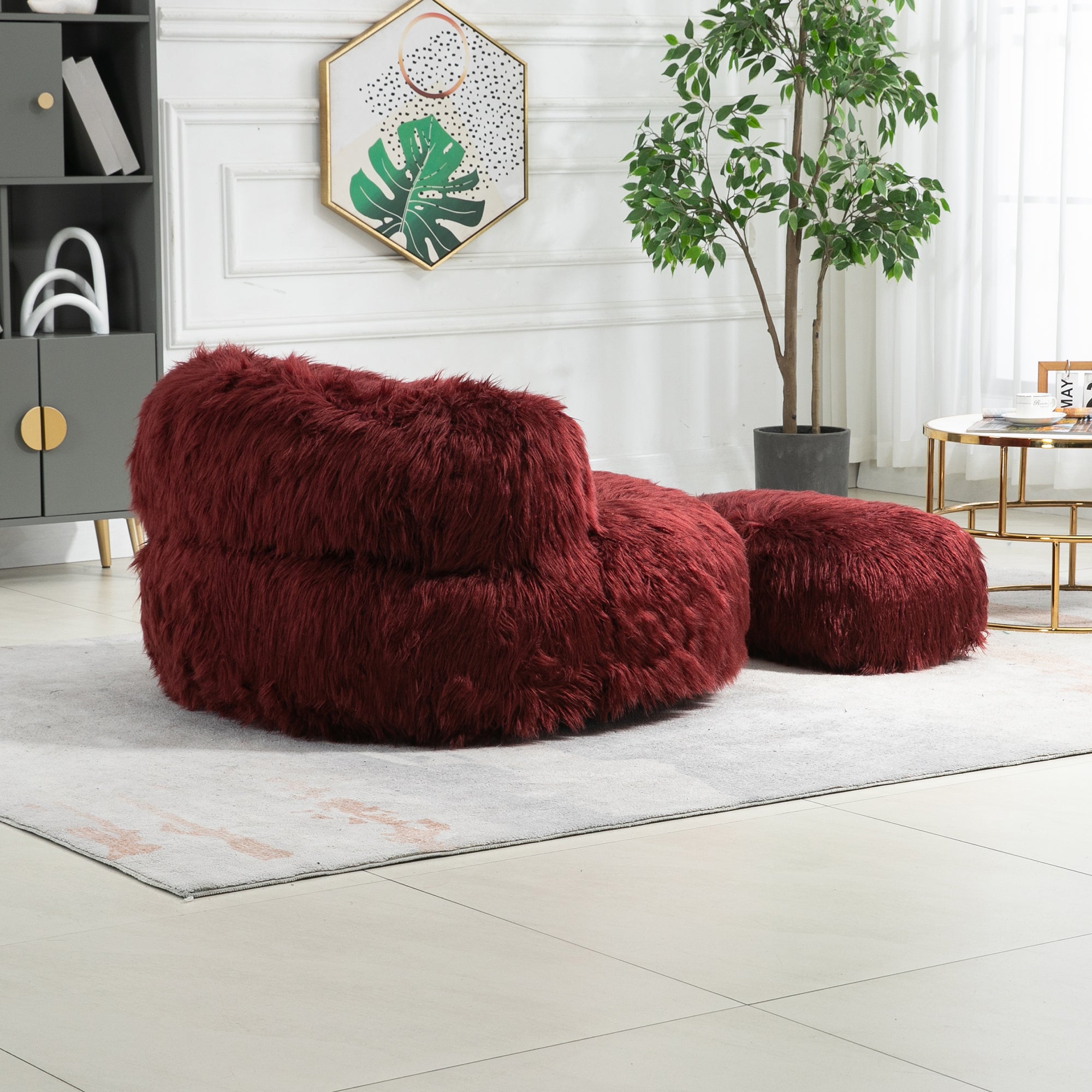 COOLMORE Bean Bag Chair with Ottoman - Wine Red-American Furniture Outlet