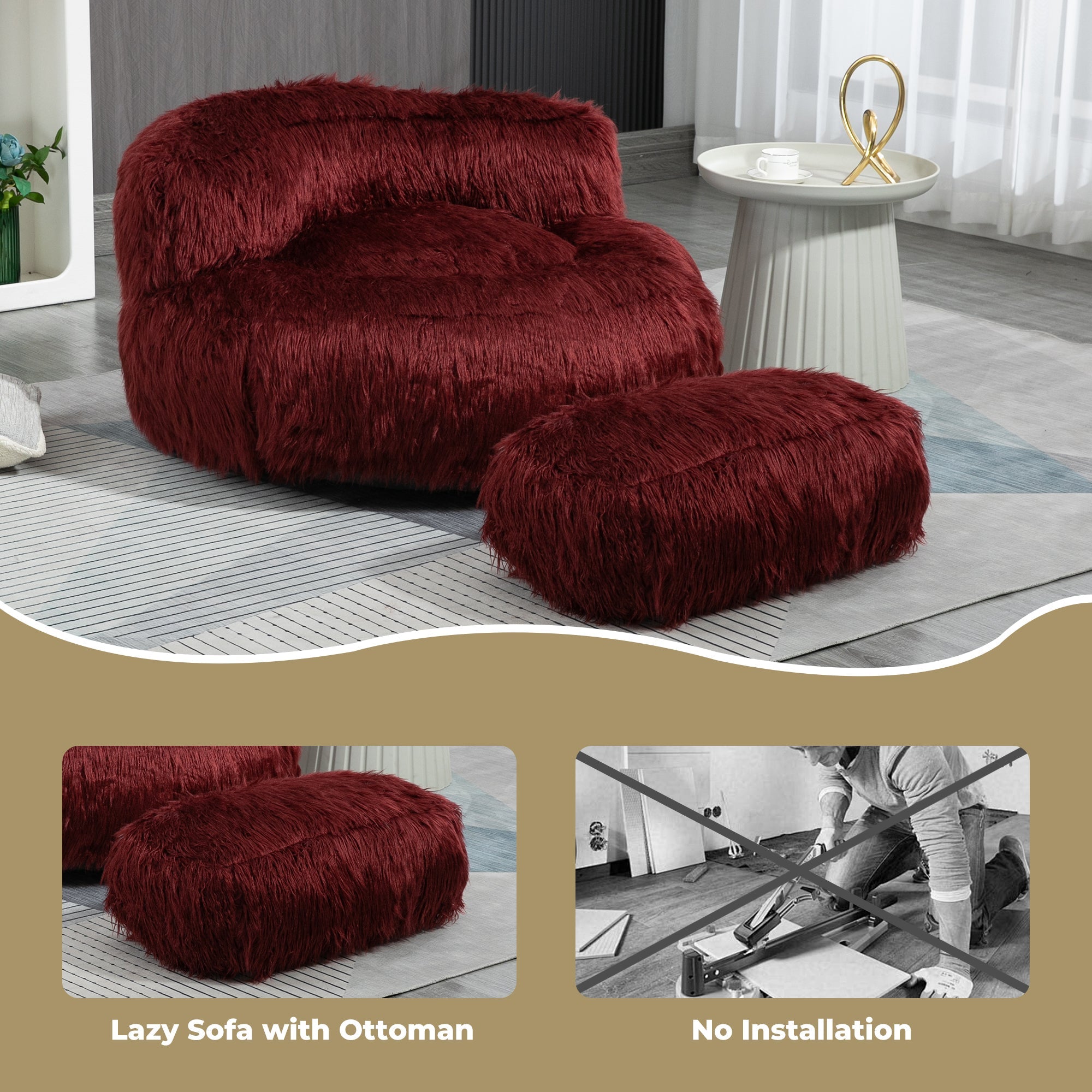 COOLMORE Bean Bag Chair with Ottoman - Wine Red-American Furniture Outlet