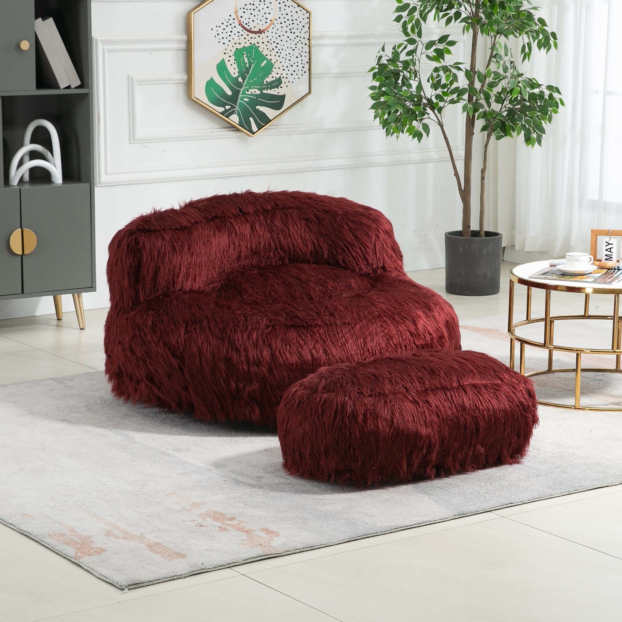 COOLMORE Bean Bag Chair with Ottoman - Wine Red-American Furniture Outlet