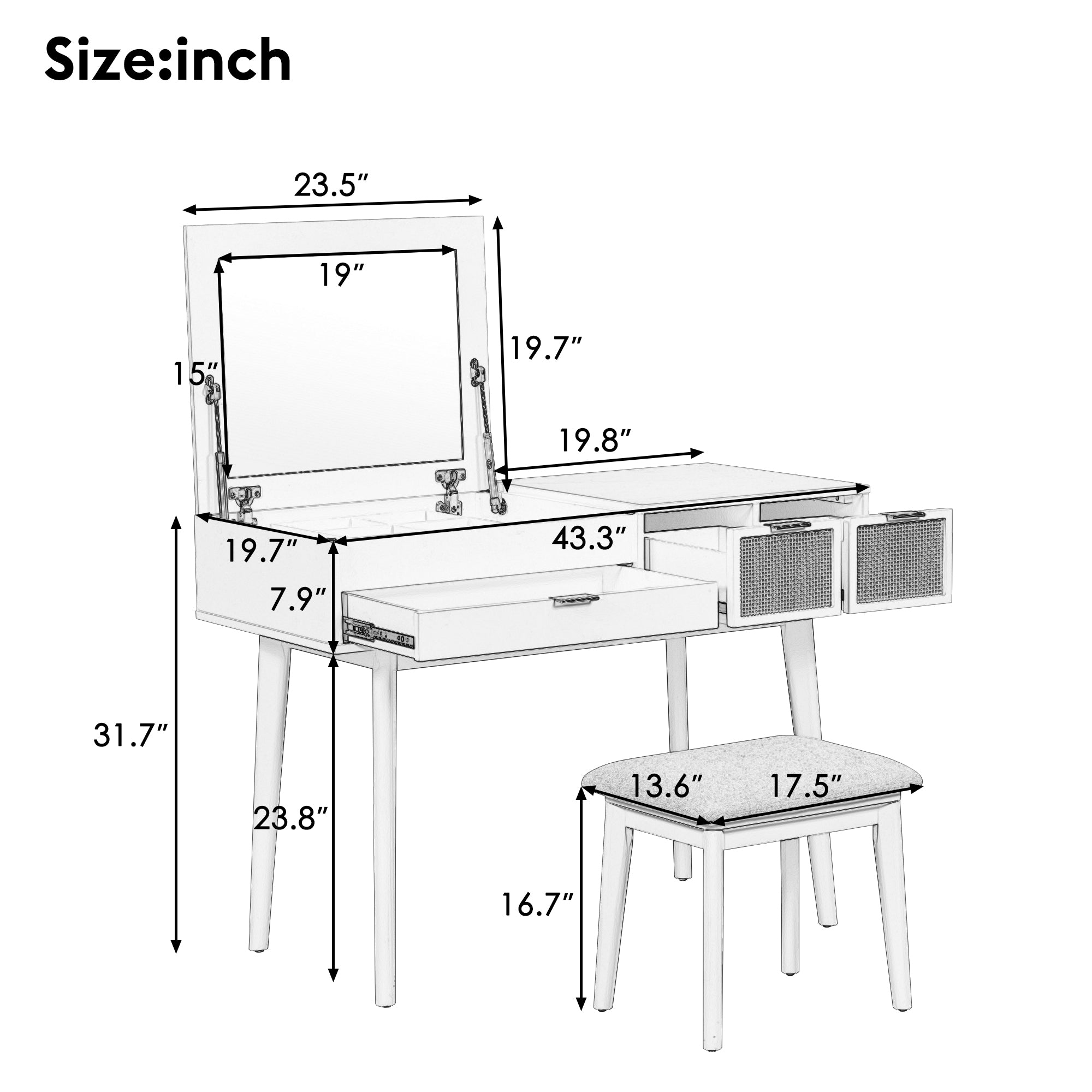 Classic Wood Makeup Vanity Set - 43.3" White-American Furniture Outlet