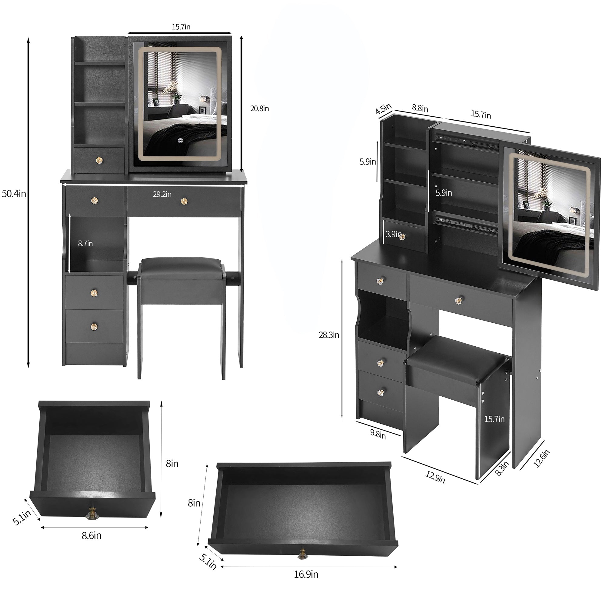 Compact Vanity Desk w/ LED Mirror & Stool-American Furniture Outlet