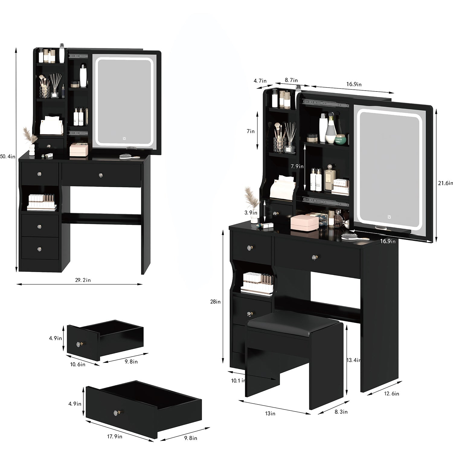 Compact Vanity Set w/ LED Mirror & Stool-American Furniture Outlet