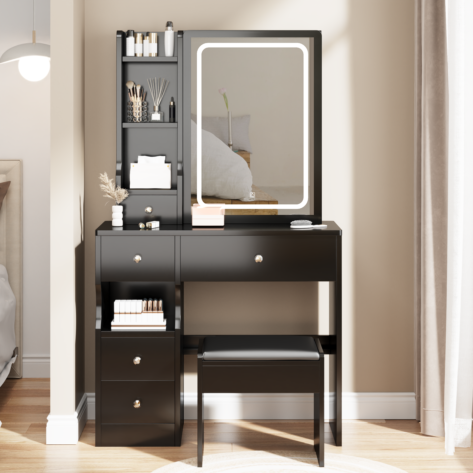 Compact Vanity Set w/ LED Mirror & Stool-American Furniture Outlet