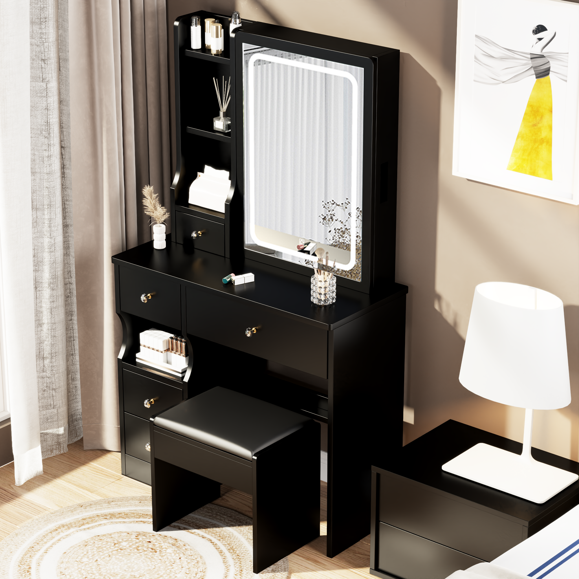 Compact Vanity Set w/ LED Mirror & Stool-American Furniture Outlet