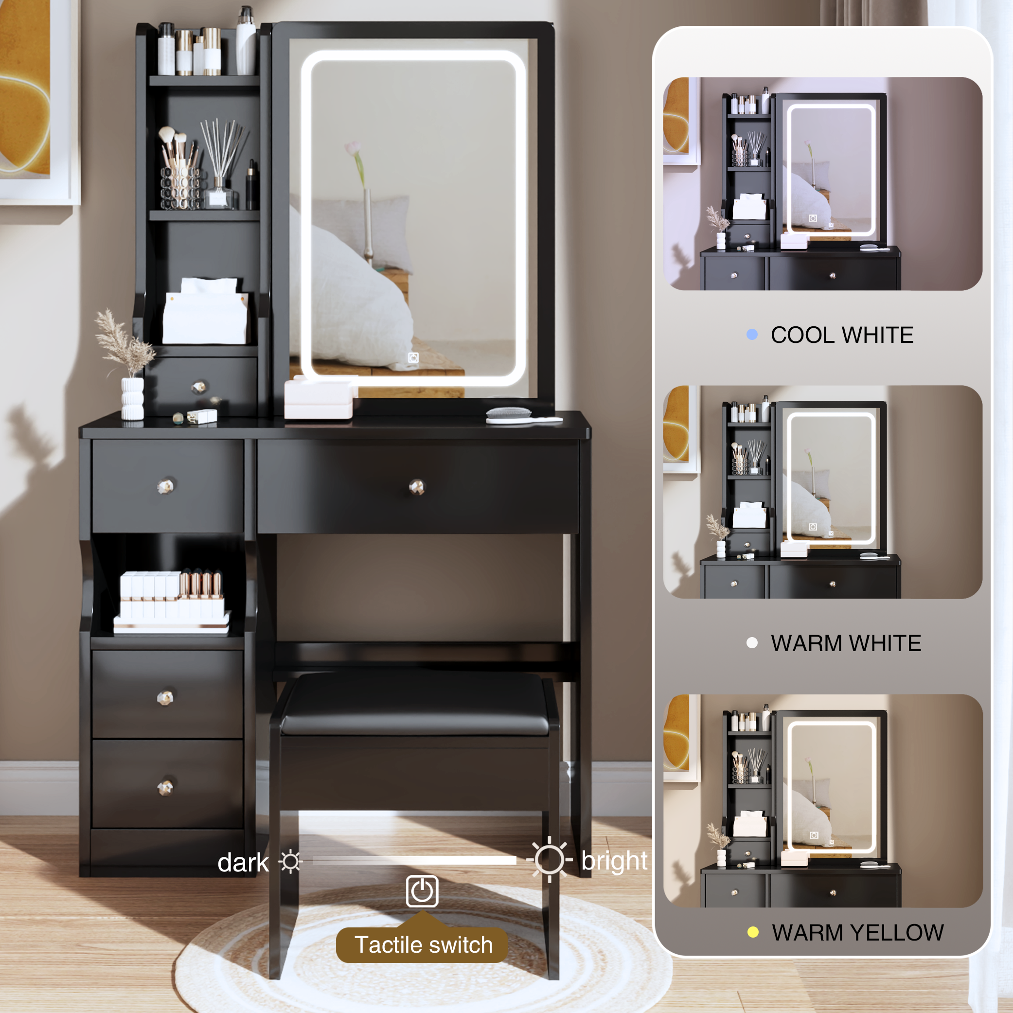 Compact Vanity Set w/ LED Mirror & Stool-American Furniture Outlet