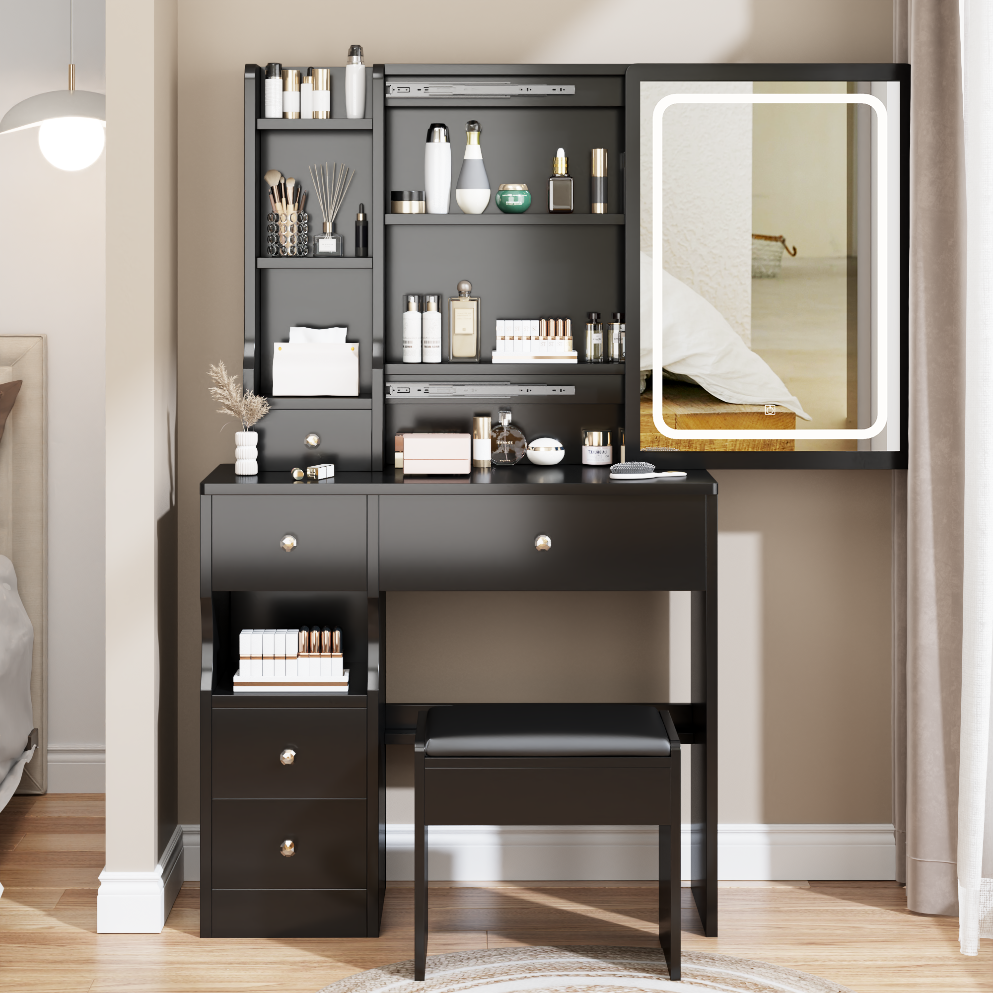 Compact Vanity Set w/ LED Mirror & Stool-American Furniture Outlet