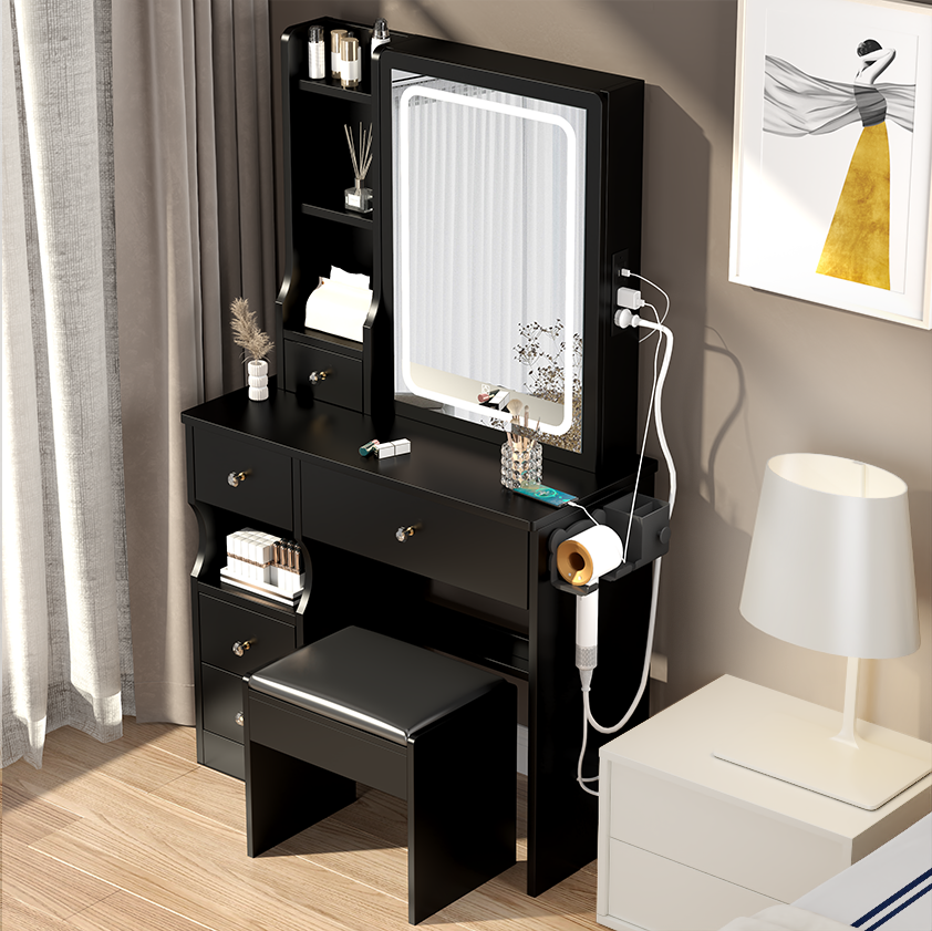 Compact Vanity Table w/ LED Mirror & Power Station-American Furniture Outlet