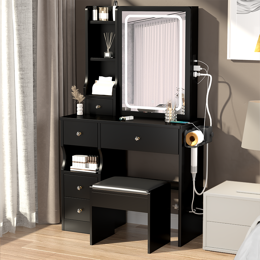 Compact Vanity Table w/ LED Mirror & Power Station-American Furniture Outlet