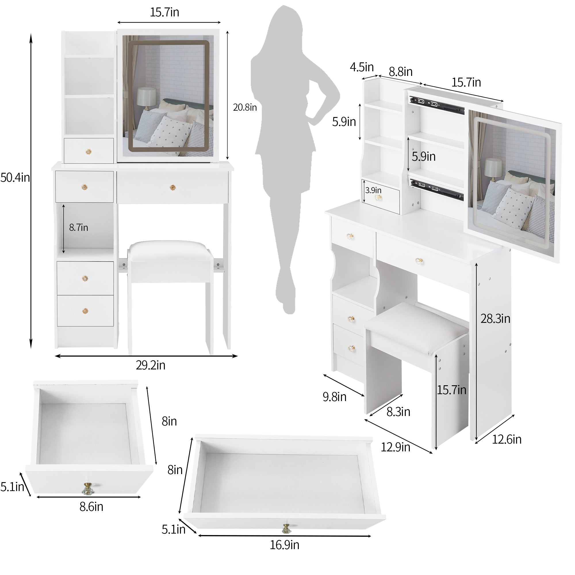 Compact Vanity Table w/ LED Mirror & Stool-American Furniture Outlet