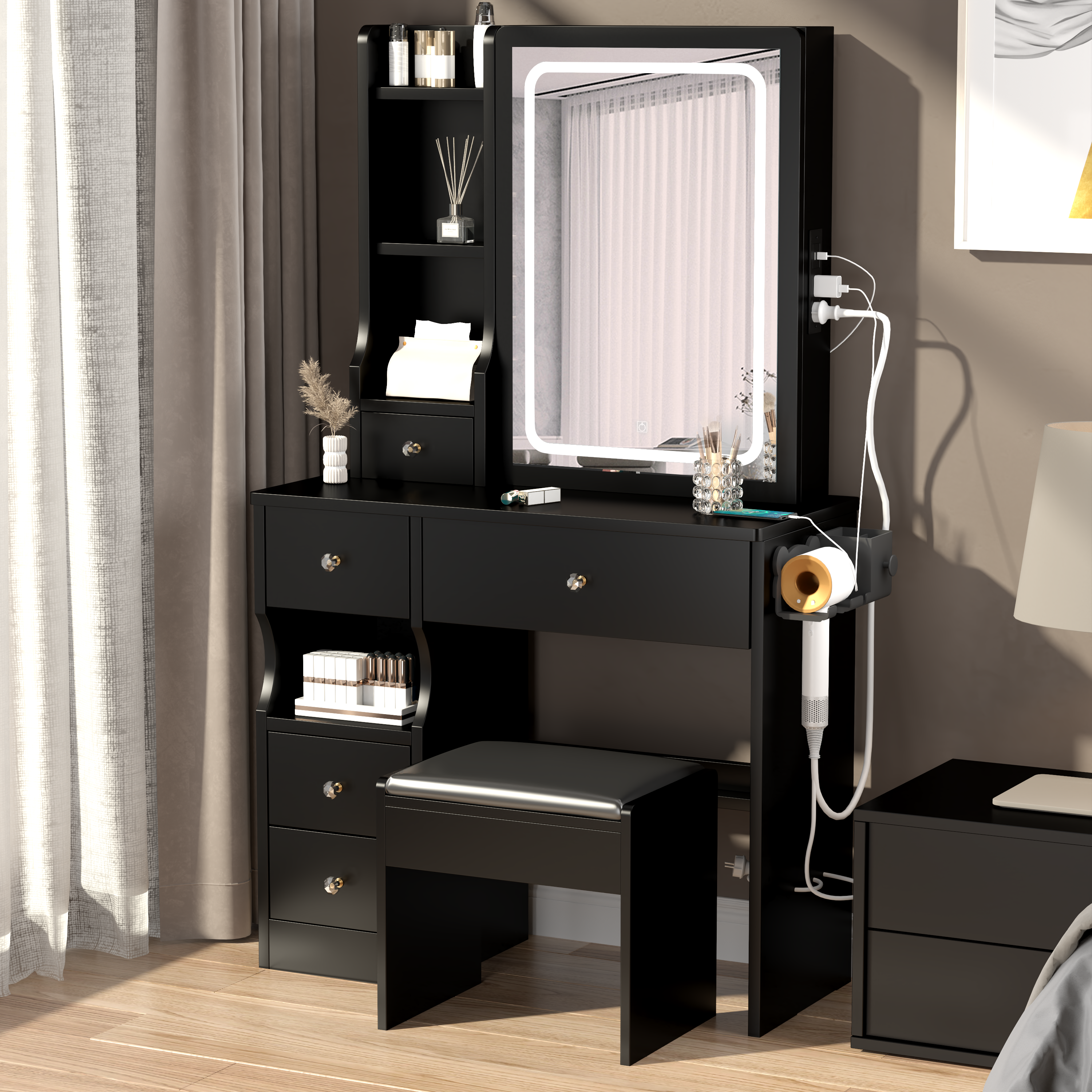 Compact Vanity Table w/ Stool, LED Mirror & Power Station-American Furniture Outlet