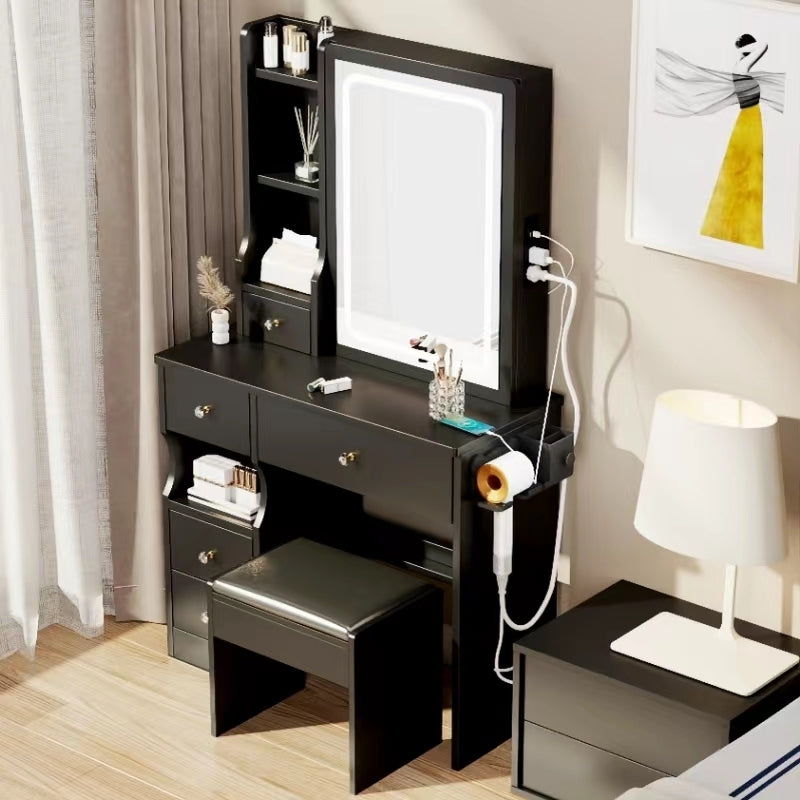 Compact Vanity Table w/ Stool, LED Mirror & Power Station-American Furniture Outlet