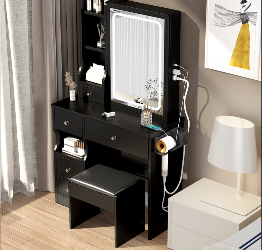 Compact Vanity Table w/ Stool, LED Mirror & Power Station-American Furniture Outlet