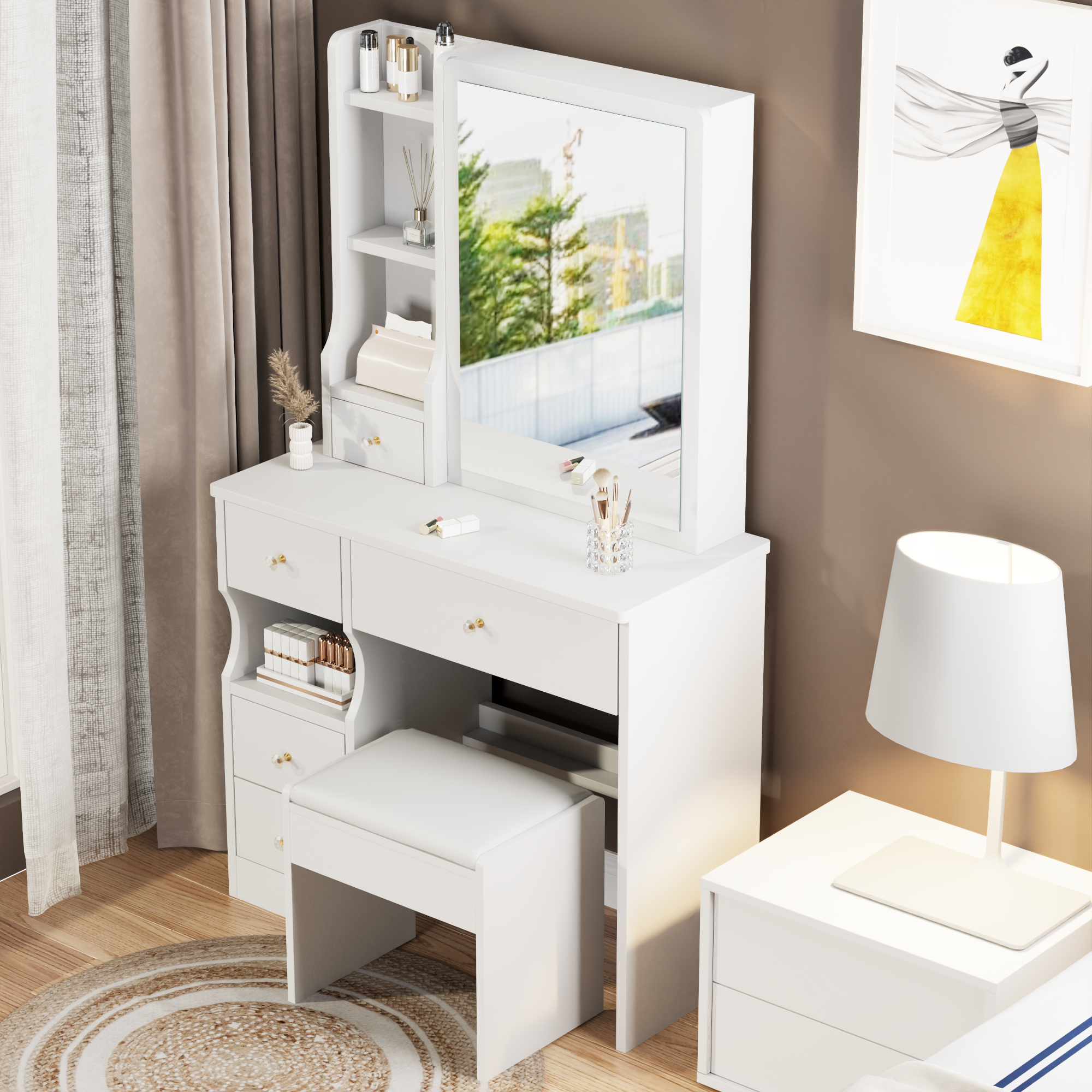 Compact Vanity Table with Stool - Large Mirror, Ample Storage-American Furniture Outlet