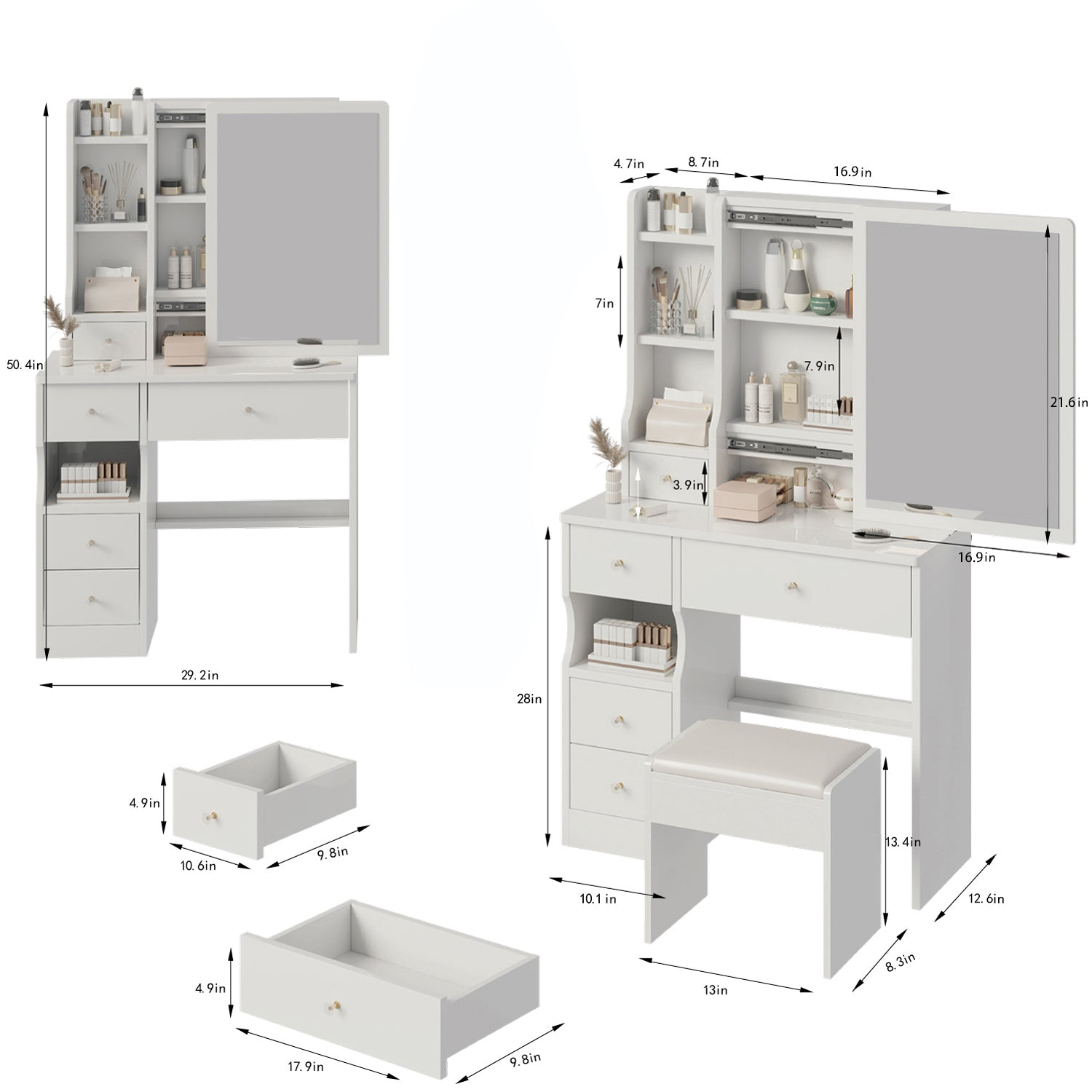 Compact Vanity Table with Stool - Large Mirror, Ample Storage-American Furniture Outlet