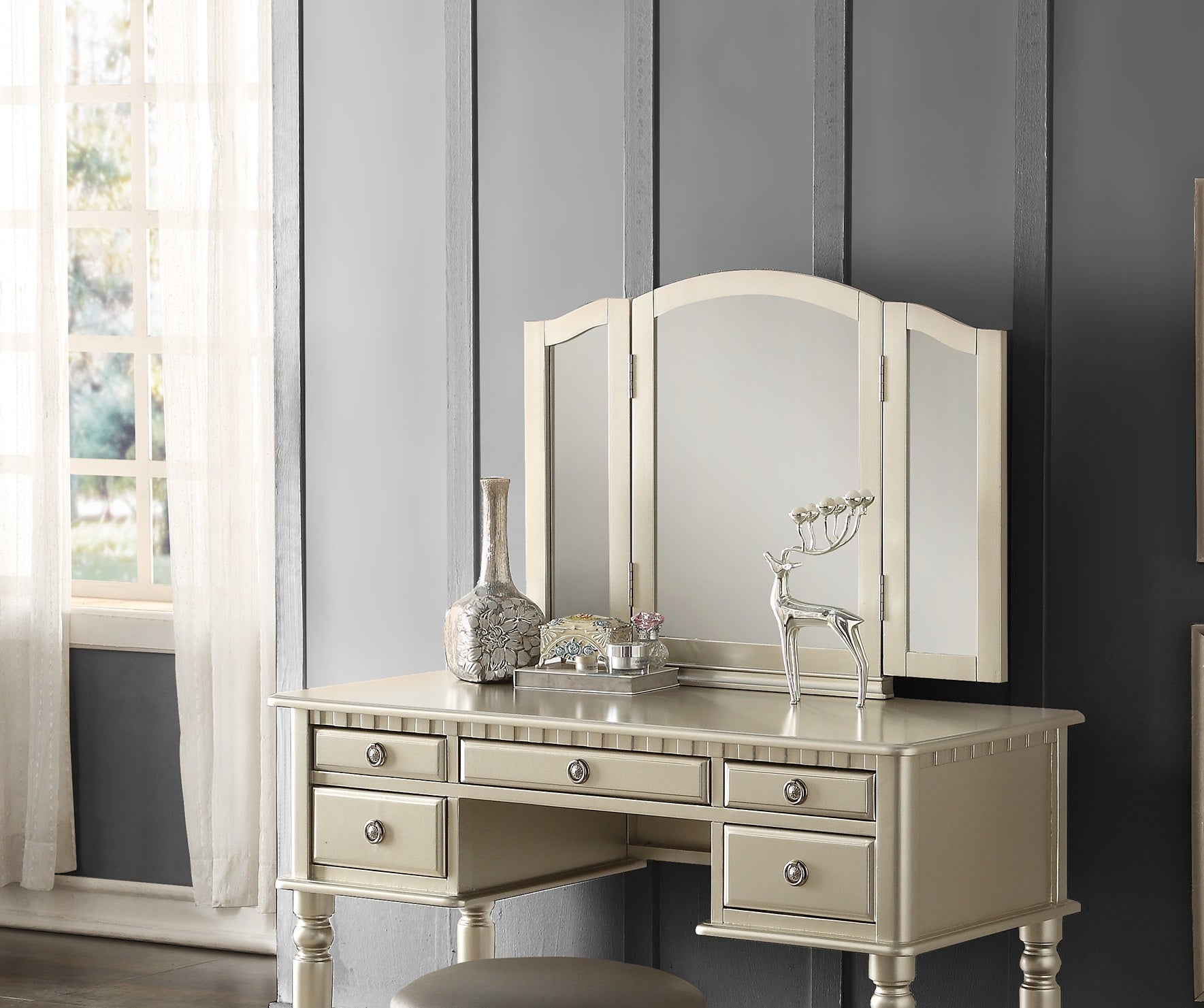 Contemporary Vanity Set w/ Mirror & Stool | Silver-American Furniture Outlet