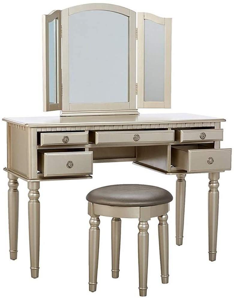 Contemporary Vanity Set w/ Mirror & Stool | Silver-American Furniture Outlet