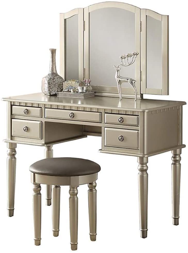 Contemporary Vanity Set w/ Mirror & Stool | Silver-American Furniture Outlet