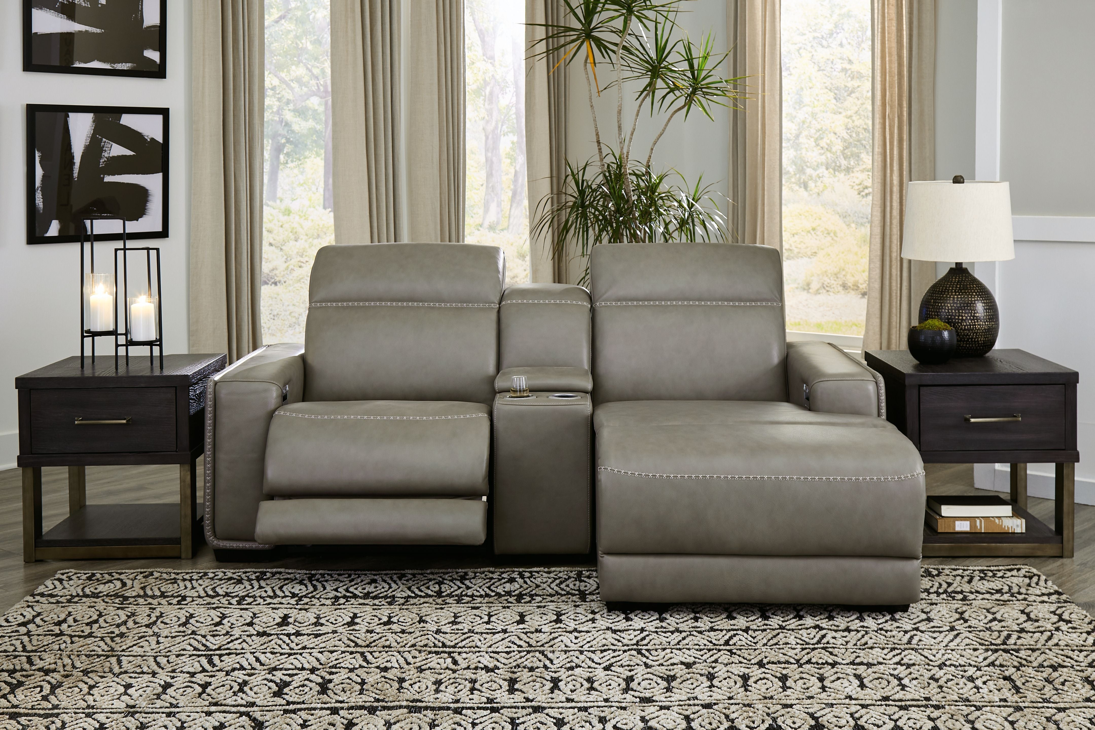 Correze Gray Leather Power Reclining Sectional-Signature Design by Ashley®-American Furniture Outlet