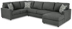 Sectional sofa with corner chaise, dark charcoal upholstery, square arms, with throw pillows