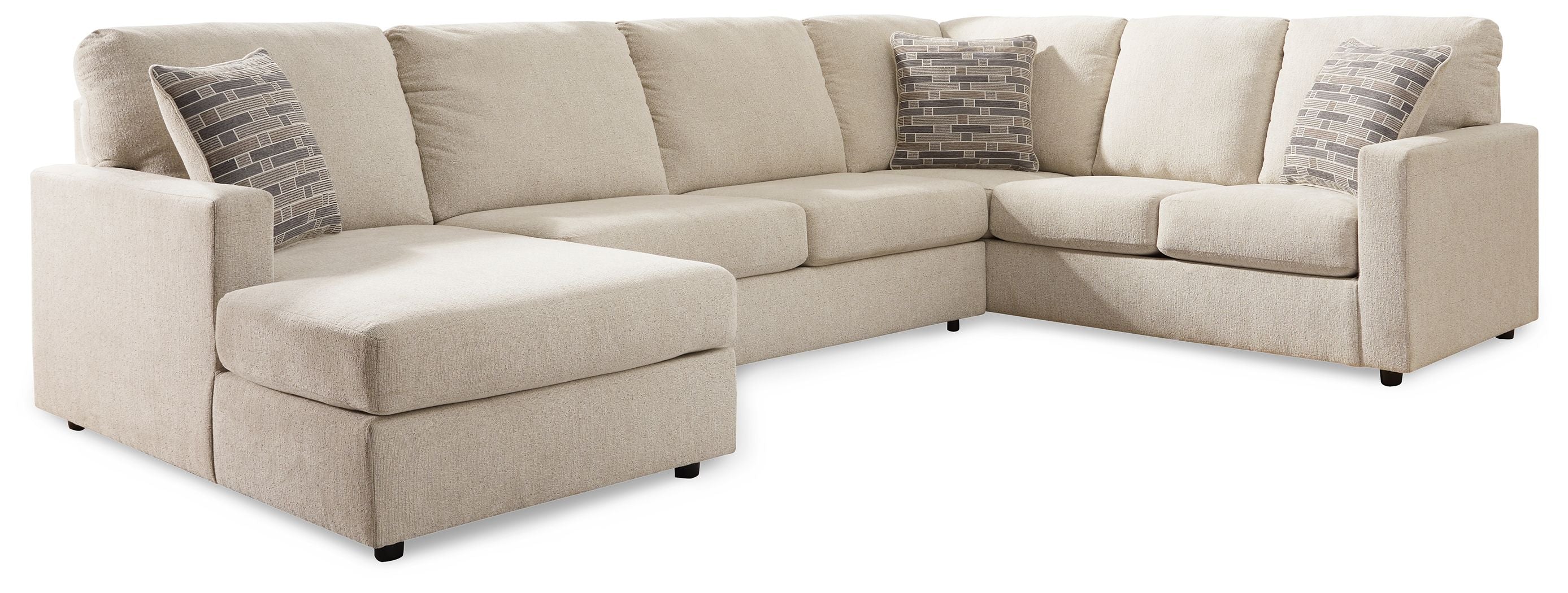 Sectional sofa with corner chaise, light beige fabric, clean-lined seats, with throw pillows