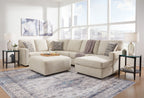 Sectional sofa with corner chaise, light beige fabric, wide arms, with back and side pillows