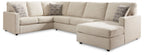Sectional sofa with corner chaise, light beige upholstery, square arms, with throw pillows