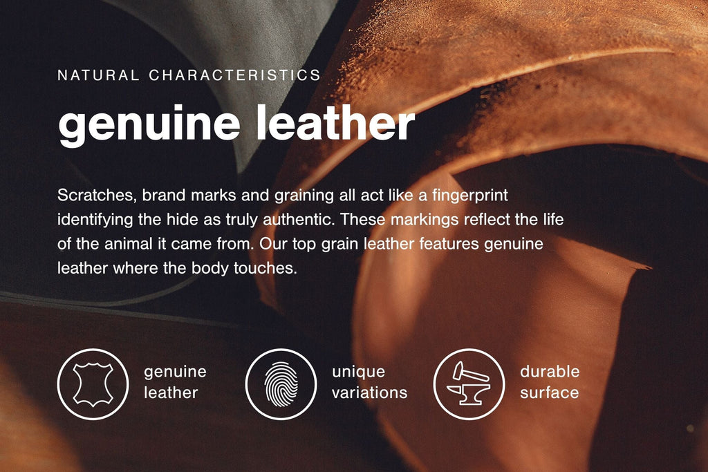 Leather upholstery close-up with genuine leather text overlay