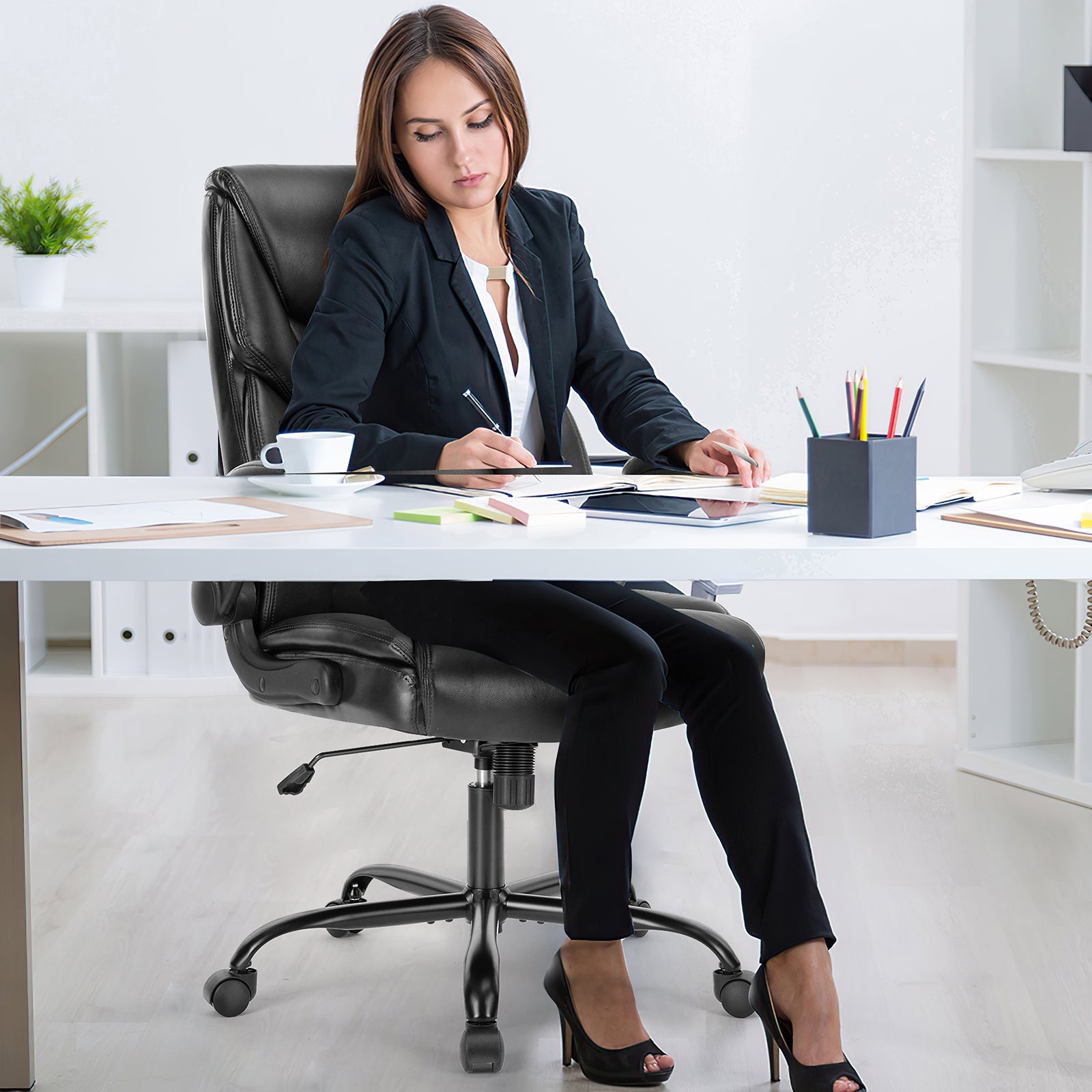 Ergonomic PU Leather Desk Chair - High Back & Flip-Up Armrests-American Furniture Outlet