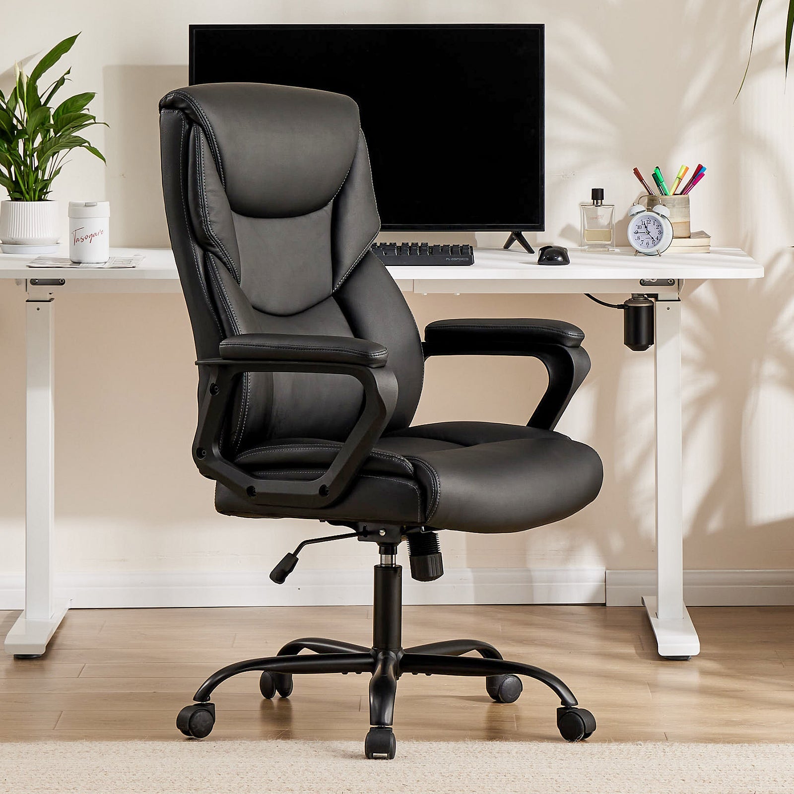 Ergonomic PU Leather Desk Chair with Armrests-American Furniture Outlet