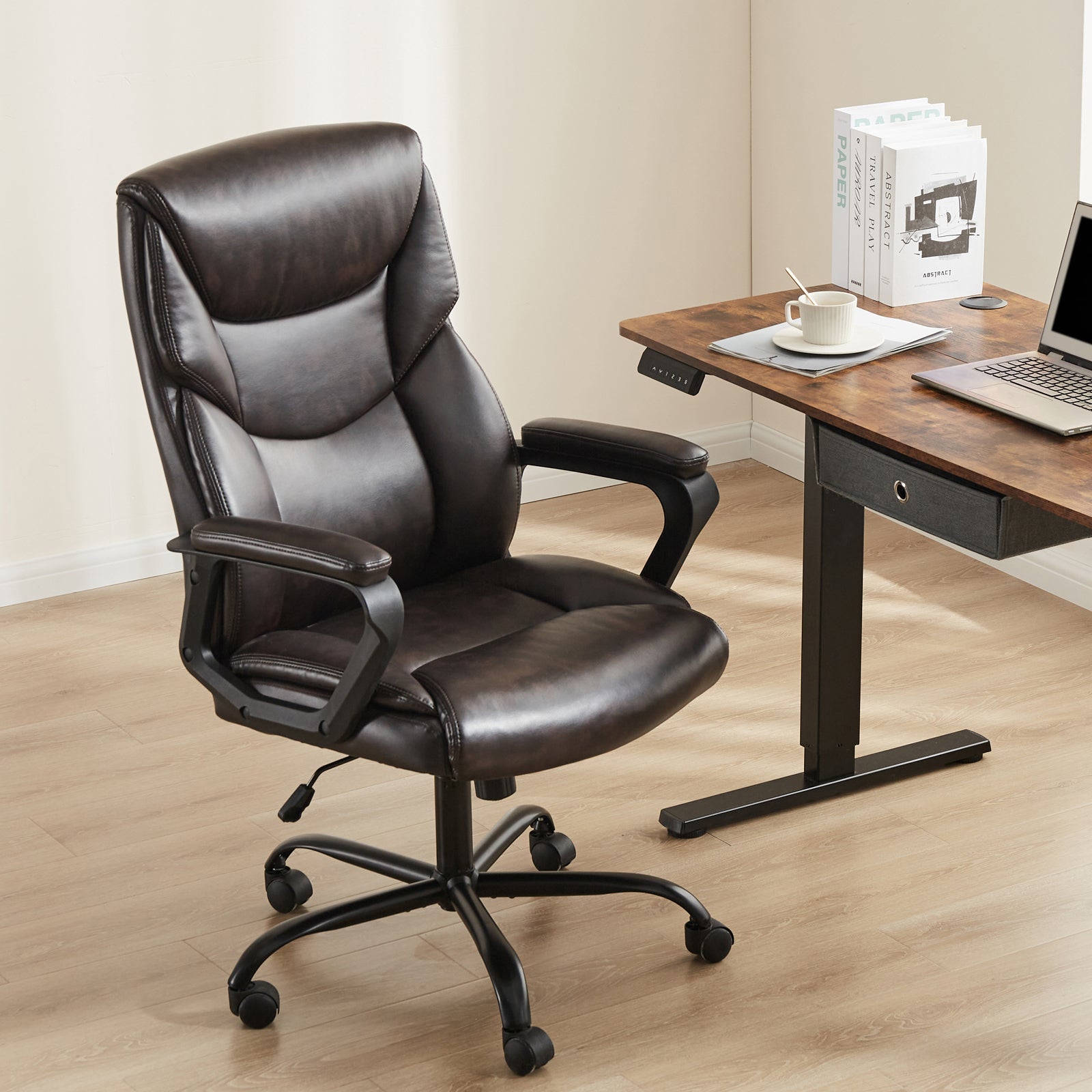 Ergonomic PU Leather Desk Chair with Armrests-American Furniture Outlet