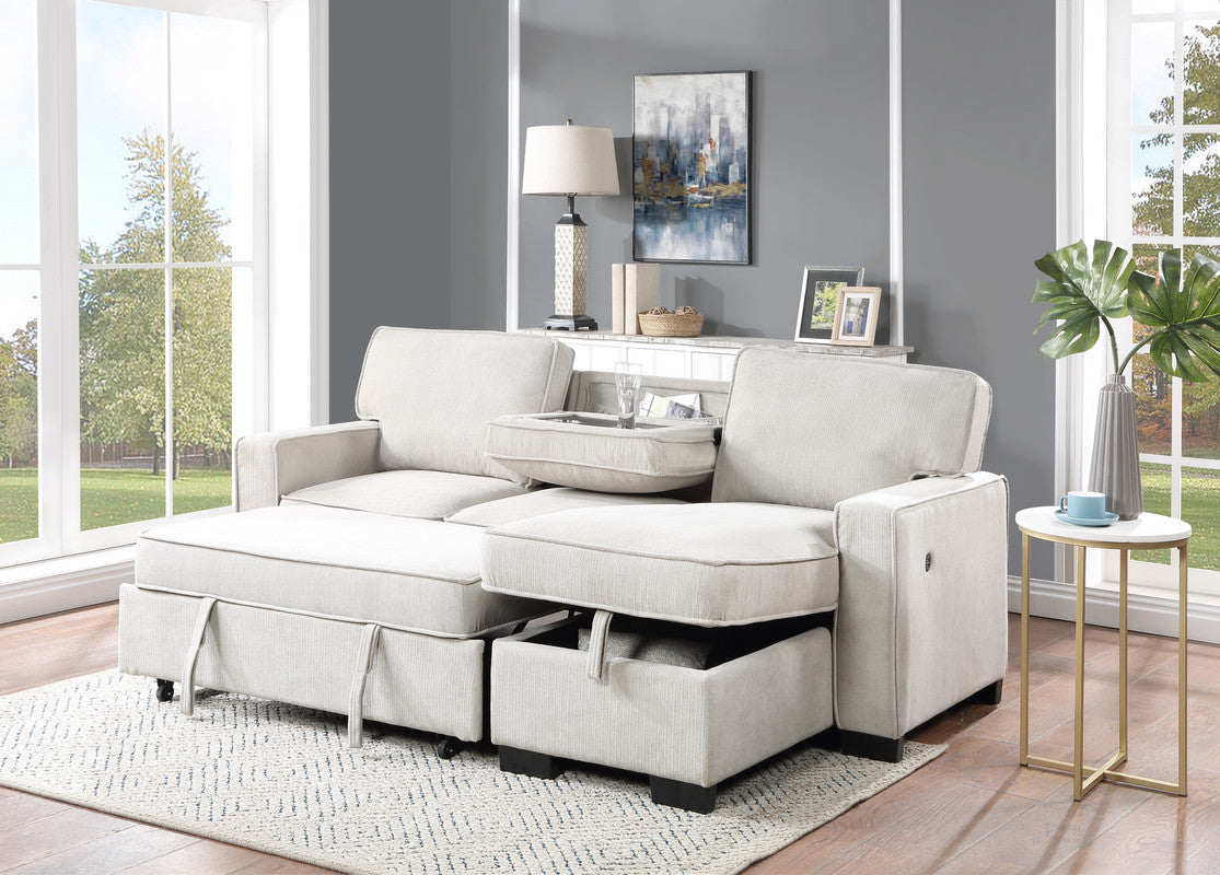 Estelle Sleeper Sectional - Beige Fabric, Storage & USB-American Furniture Outlet