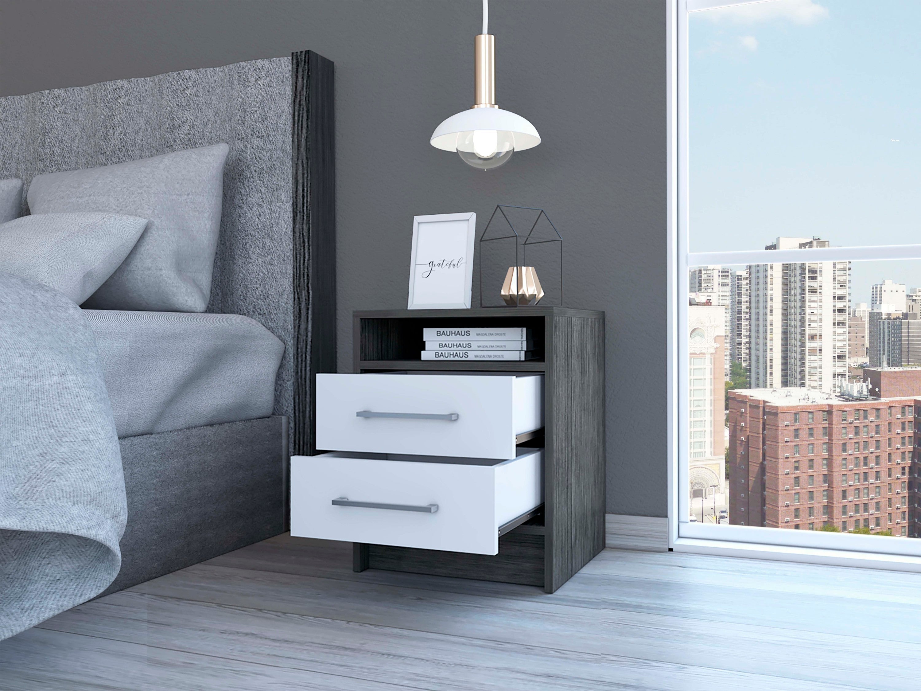 Eter Nightstand, 2 Drawers, End/Side Table - Oak/White-American Furniture Outlet