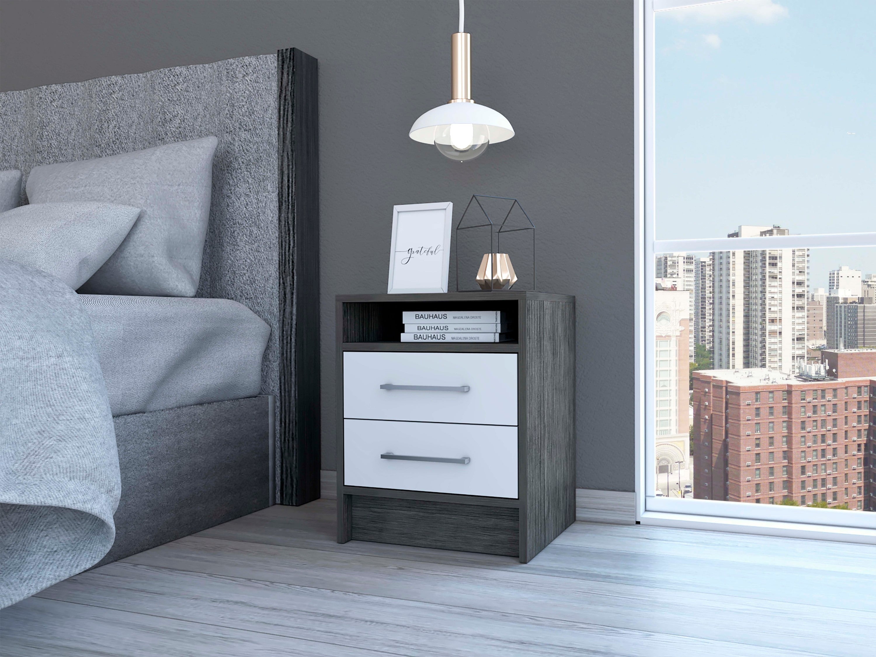 Eter Nightstand, 2 Drawers, End/Side Table - Oak/White-American Furniture Outlet