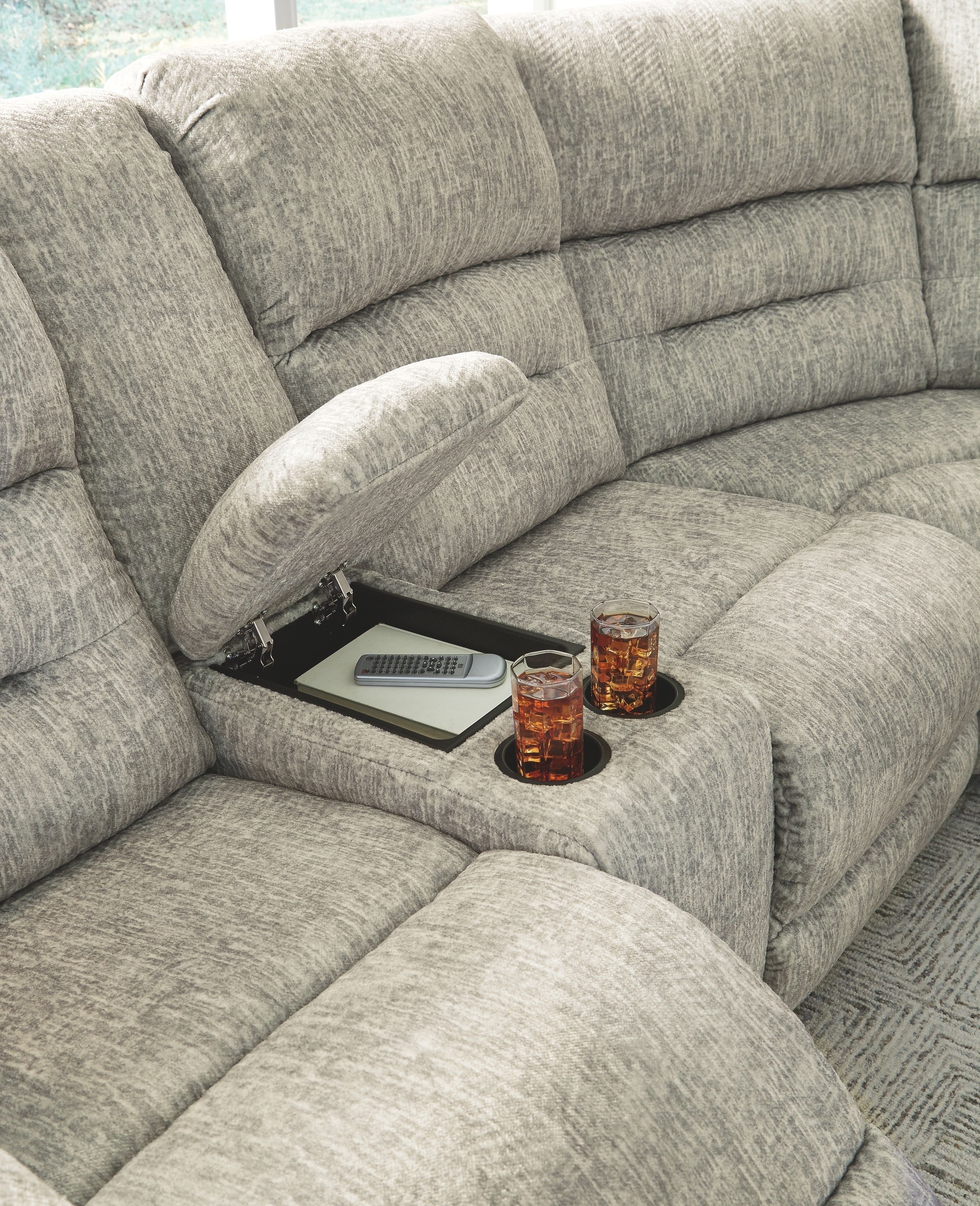 Family Den Gray Power Reclining Sectional-Millennium® by Ashley-American Furniture Outlet