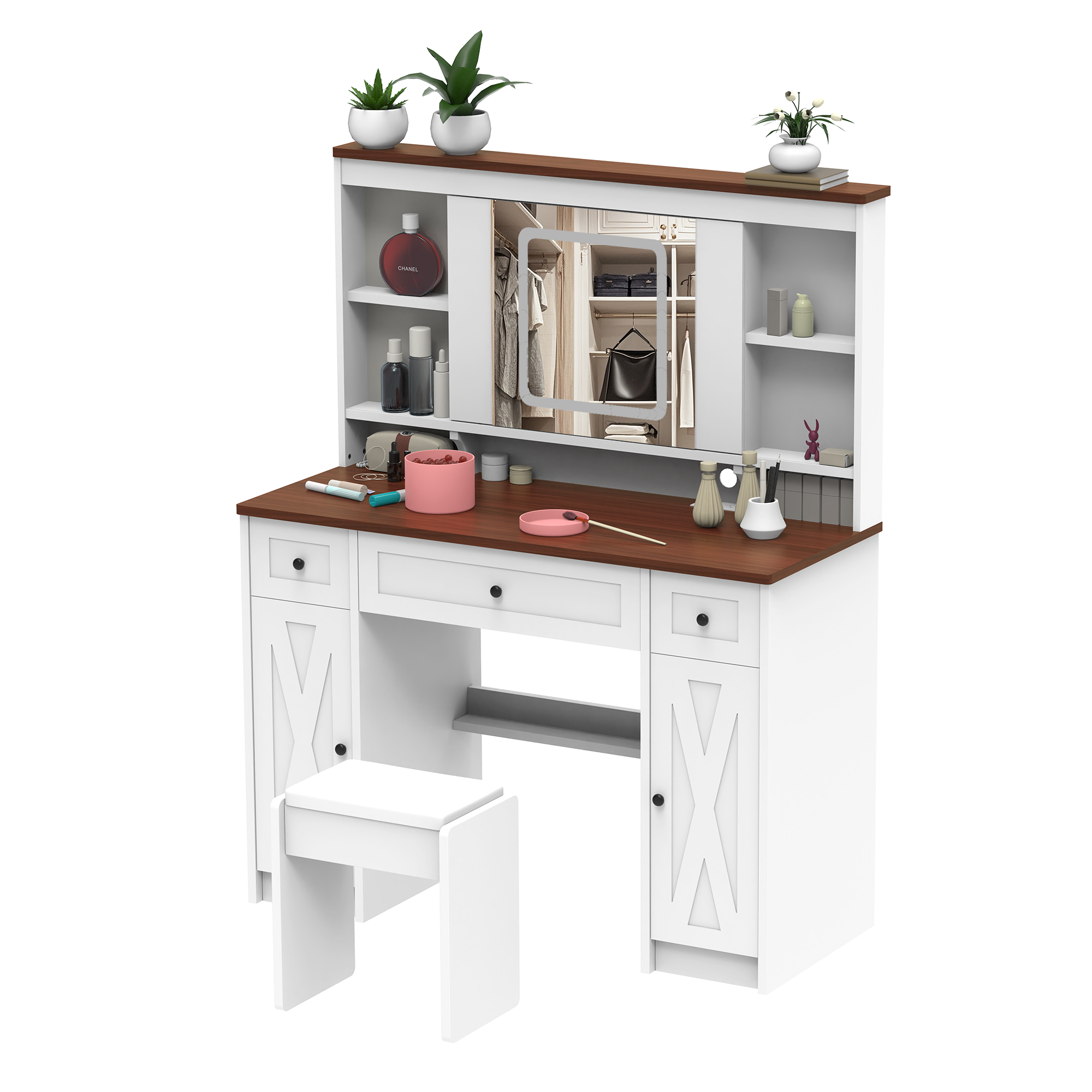 Farmhouse Vanity Desk | Lighted Mirror, Charging Station-American Furniture Outlet