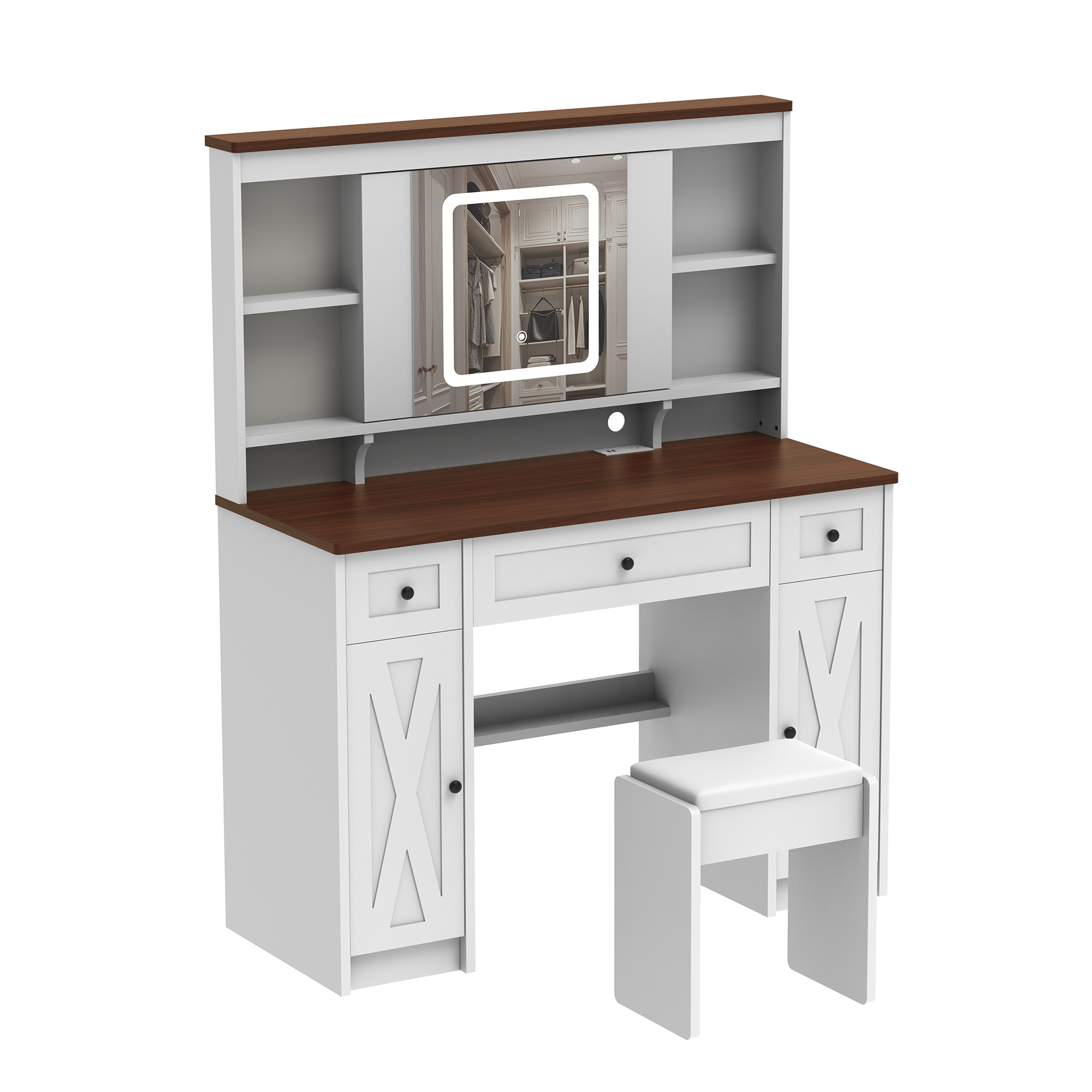 Farmhouse Vanity Desk | Lighted Mirror, Charging Station-American Furniture Outlet