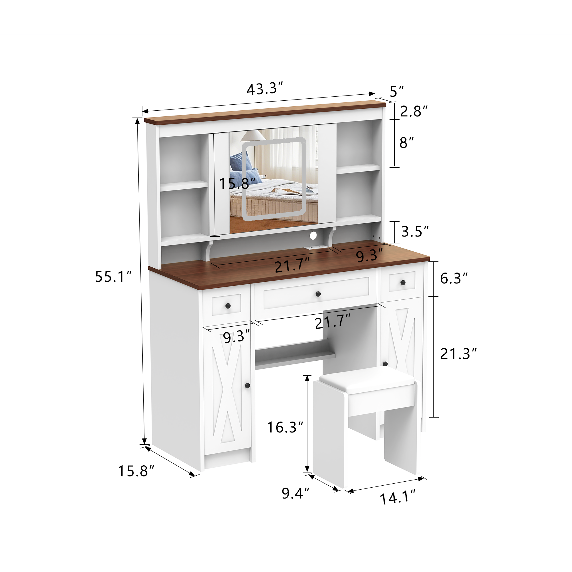 Farmhouse Vanity Desk | Lighted Mirror, Charging Station-American Furniture Outlet