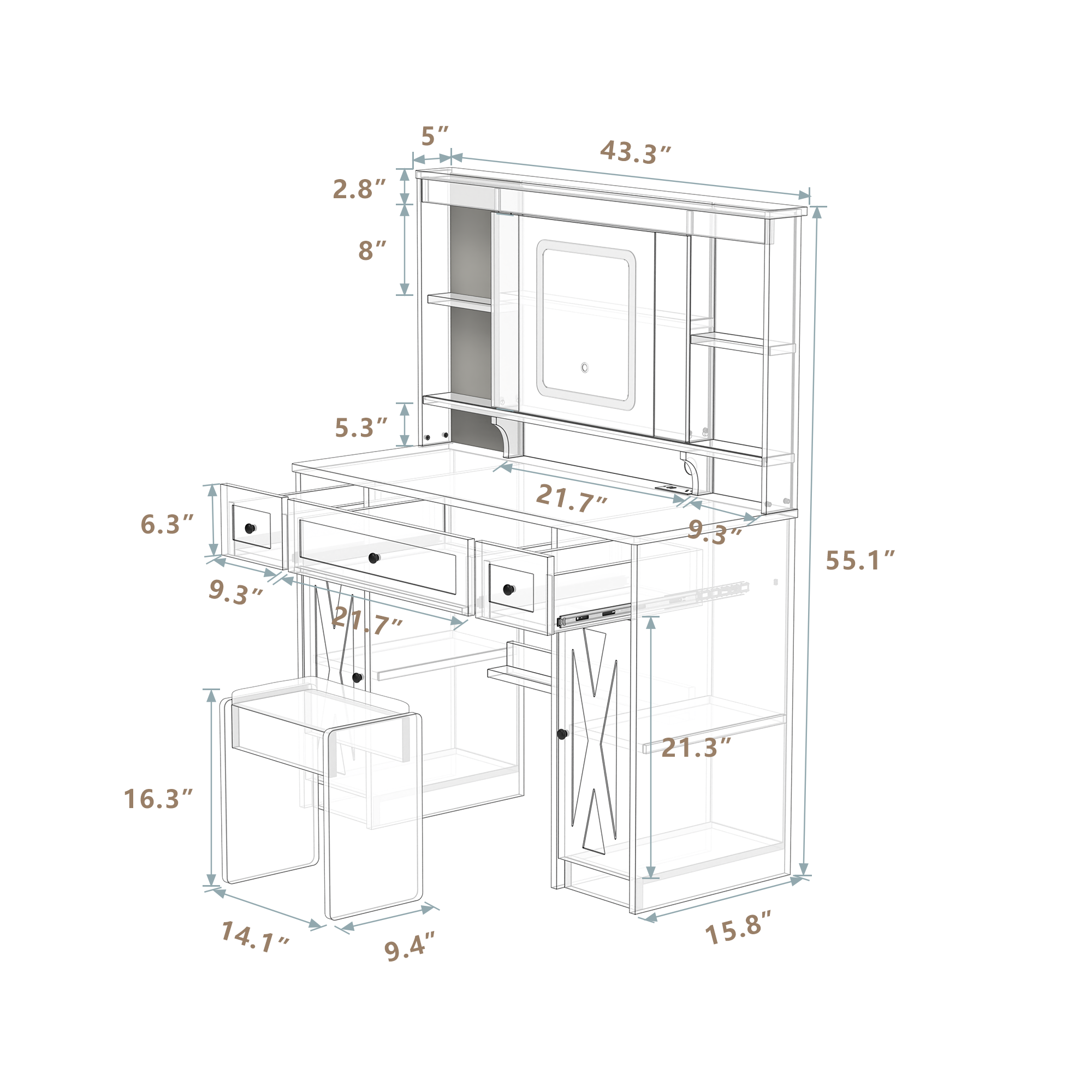 Farmhouse Vanity Desk | Lighted Mirror, Charging Station-American Furniture Outlet