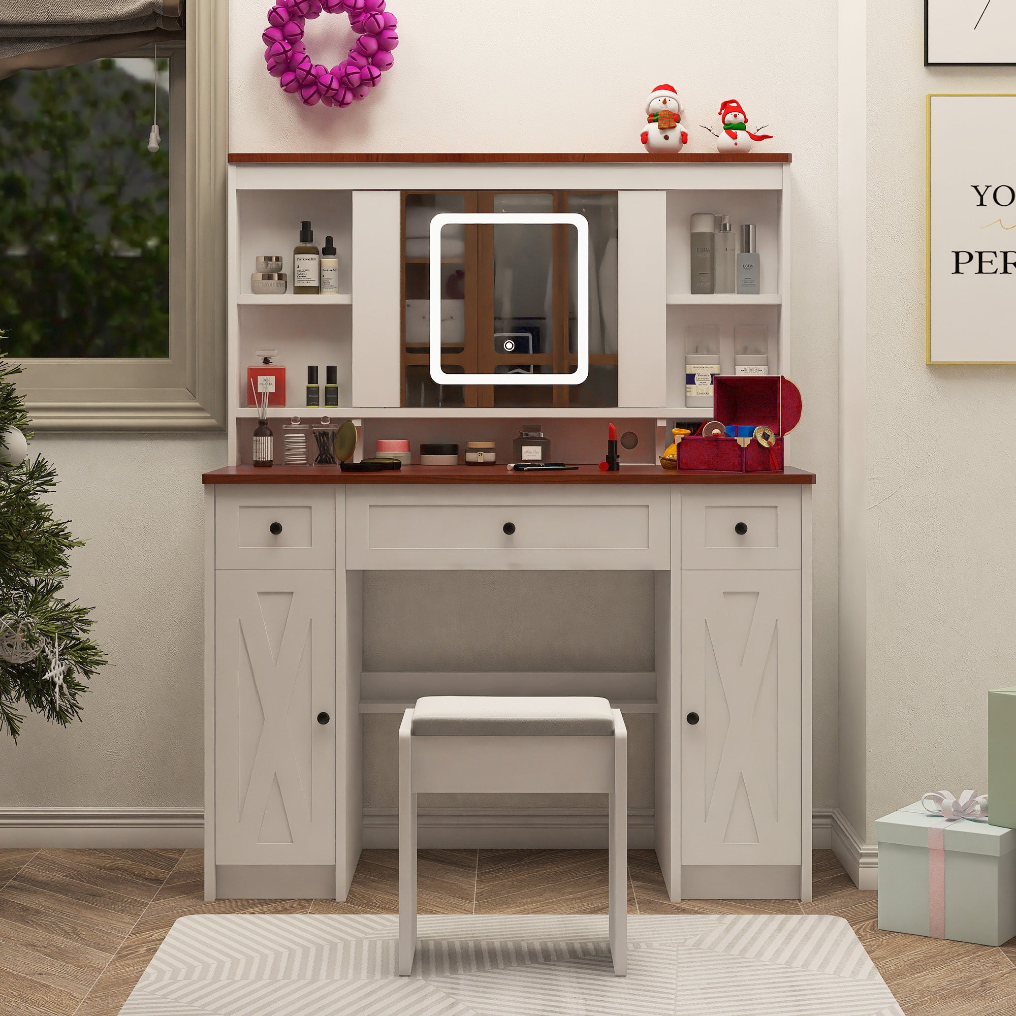 Farmhouse Vanity Desk | Lighted Mirror, Charging Station-American Furniture Outlet