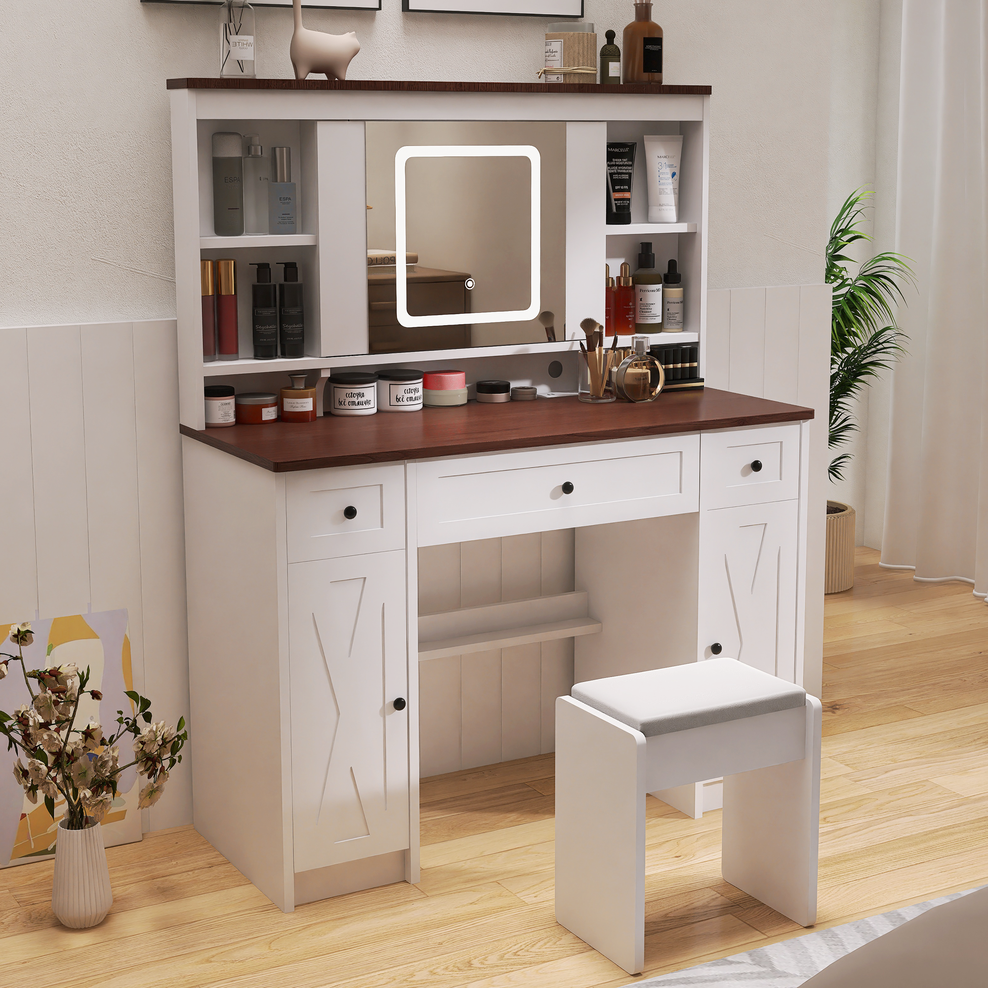 Farmhouse Vanity Desk | Lighted Mirror, Charging Station-American Furniture Outlet