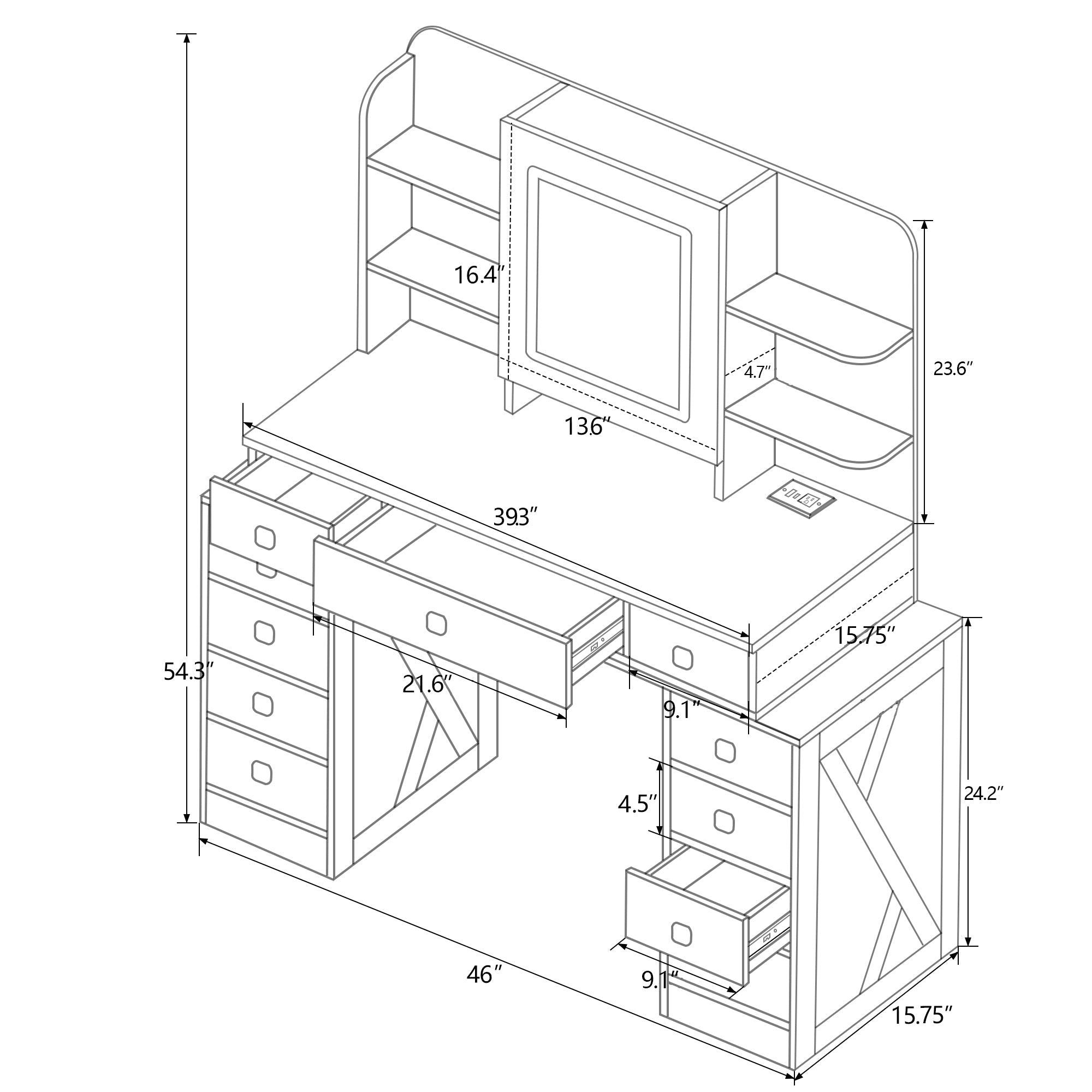 Farmhouse Vanity Desk w/ Mirror, Lights, Charging Station-American Furniture Outlet