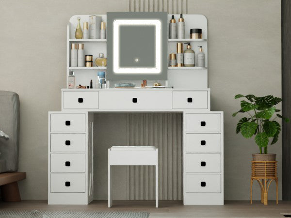 Farmhouse Vanity Desk w/ Mirror, Lights, Charging Station-American Furniture Outlet