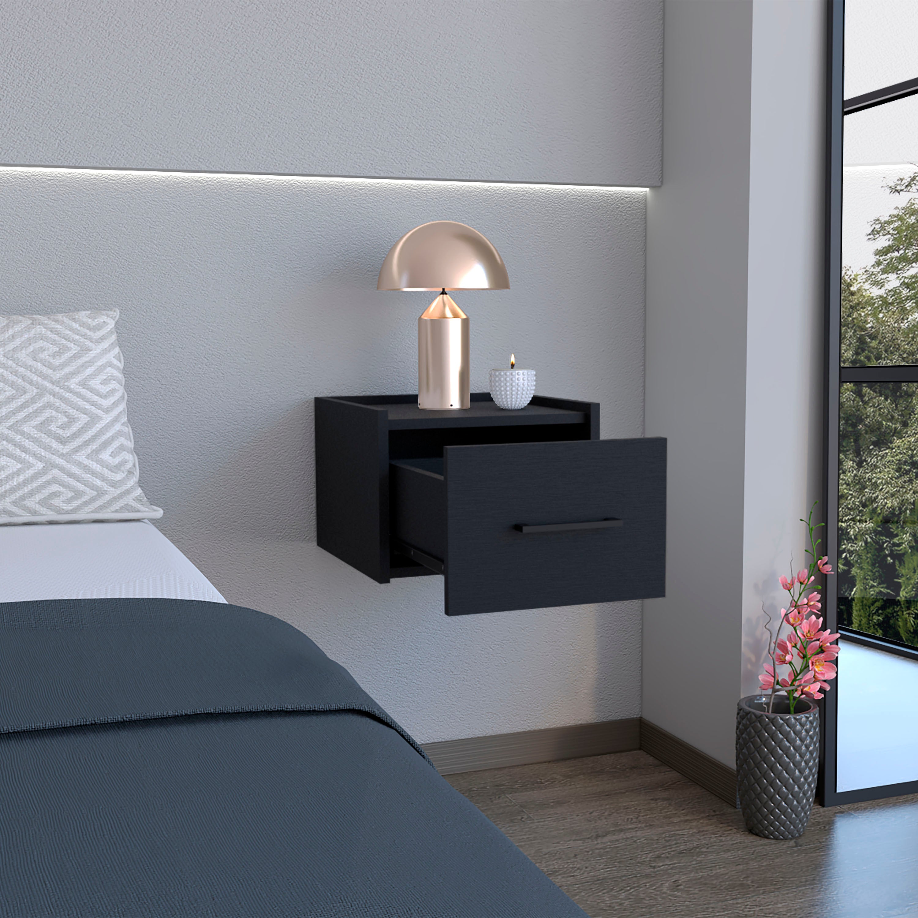 Floating Nightstand w/ Drawer, Black-American Furniture Outlet