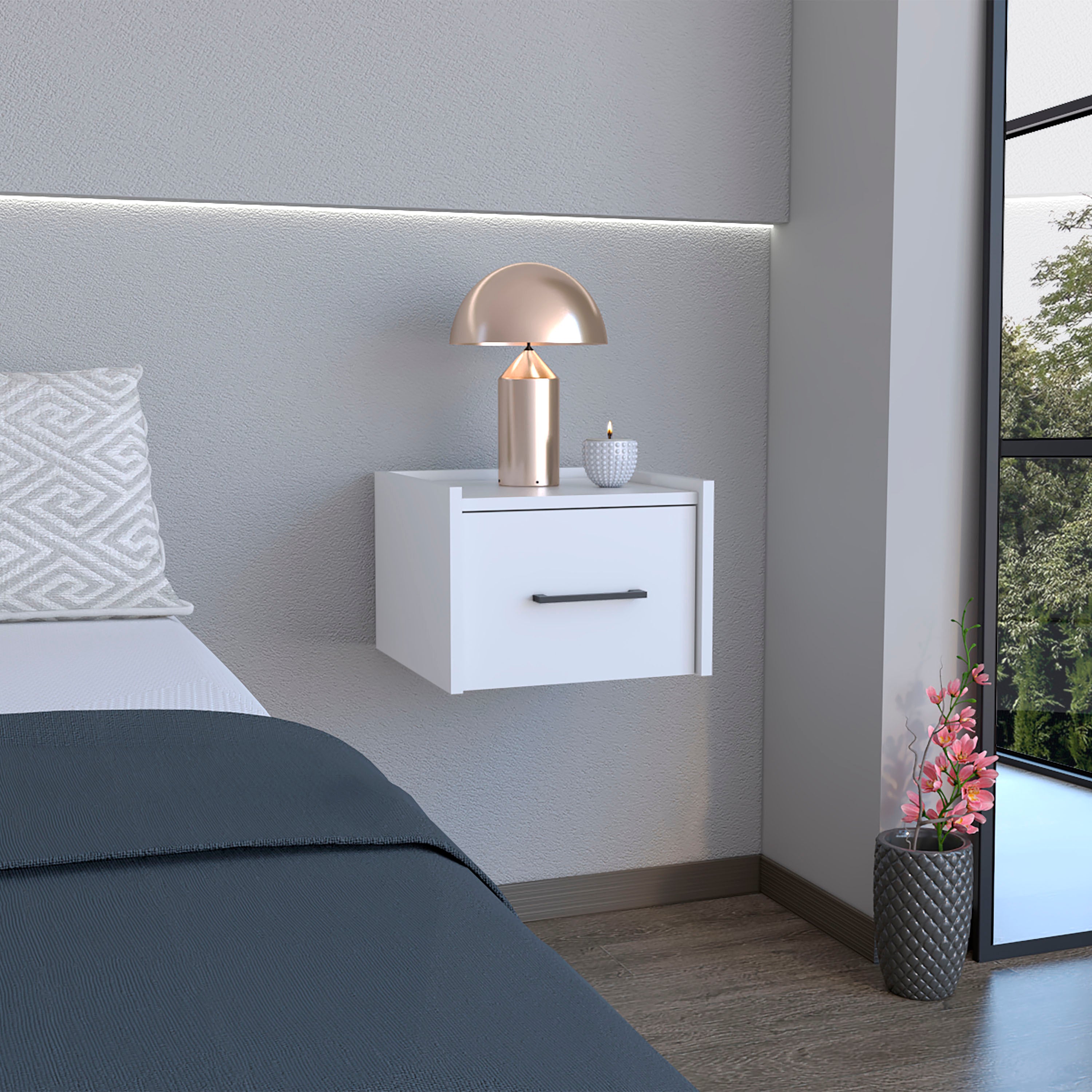 Floating Nightstand w/ Drawer - White-American Furniture Outlet