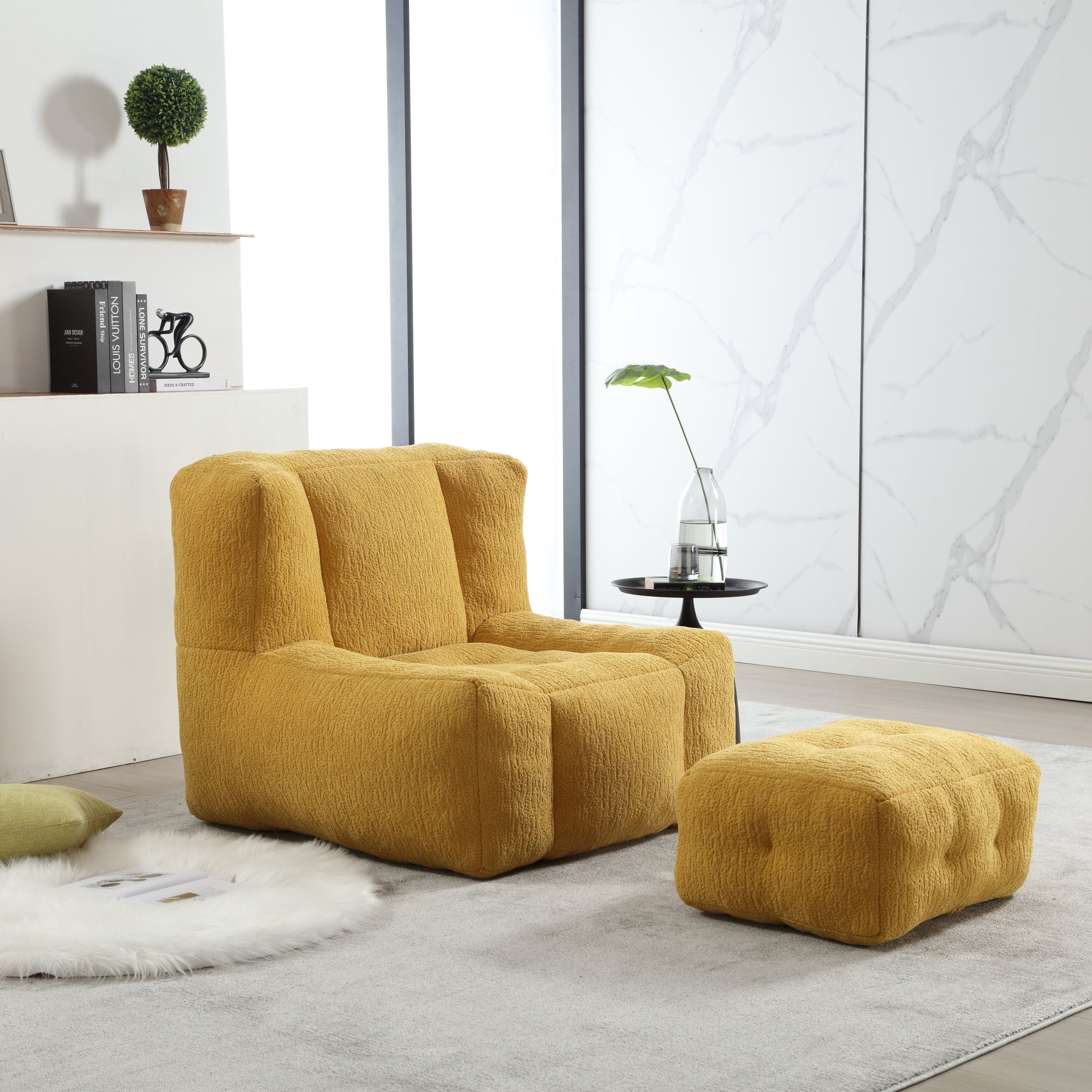 Fluffy Bean Bag Chair with Ottoman - Soft & Comfy-American Furniture Outlet