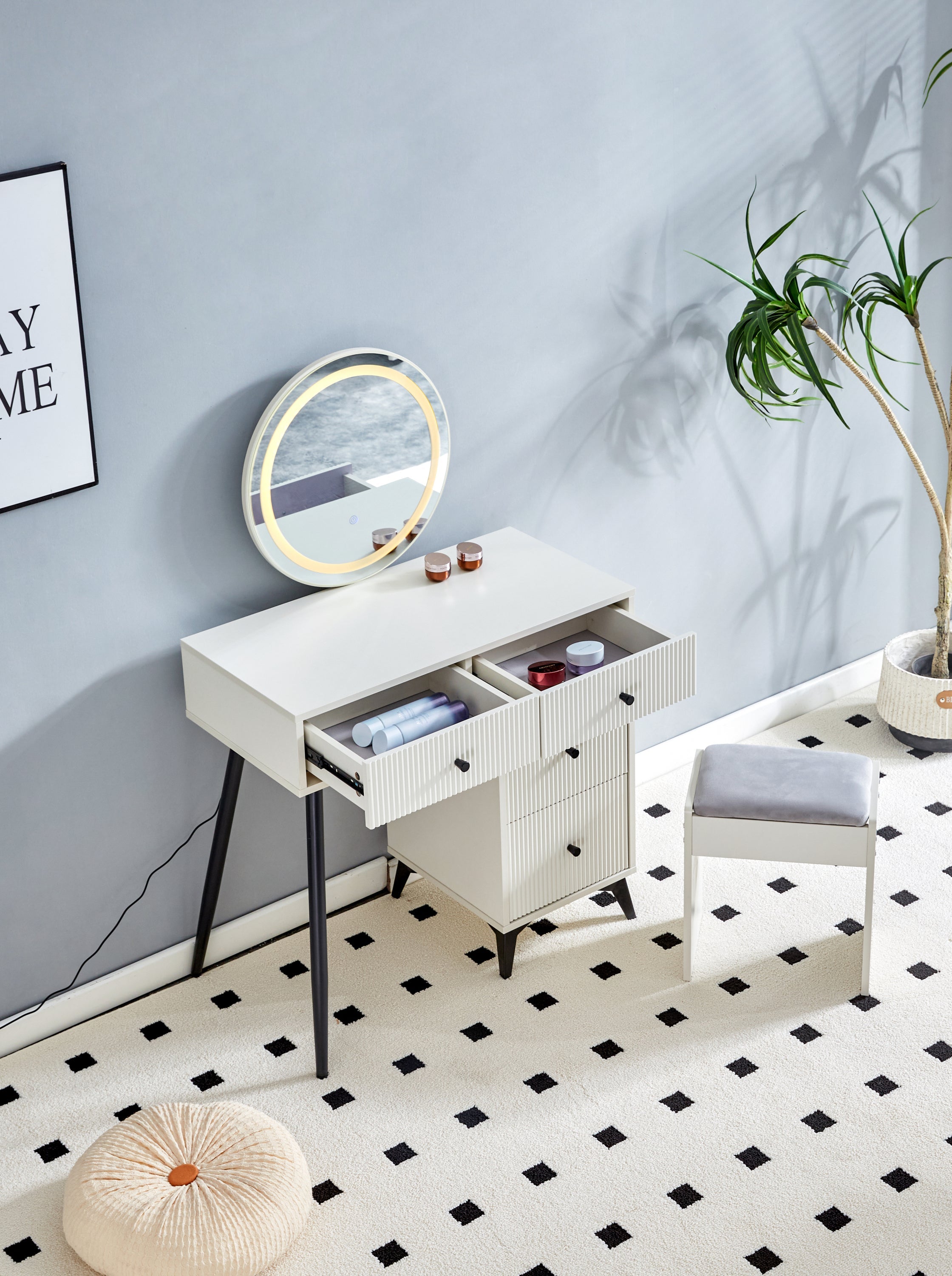 Fluted Vanity Desk | LED Mirror | Modern Makeup Table-American Furniture Outlet